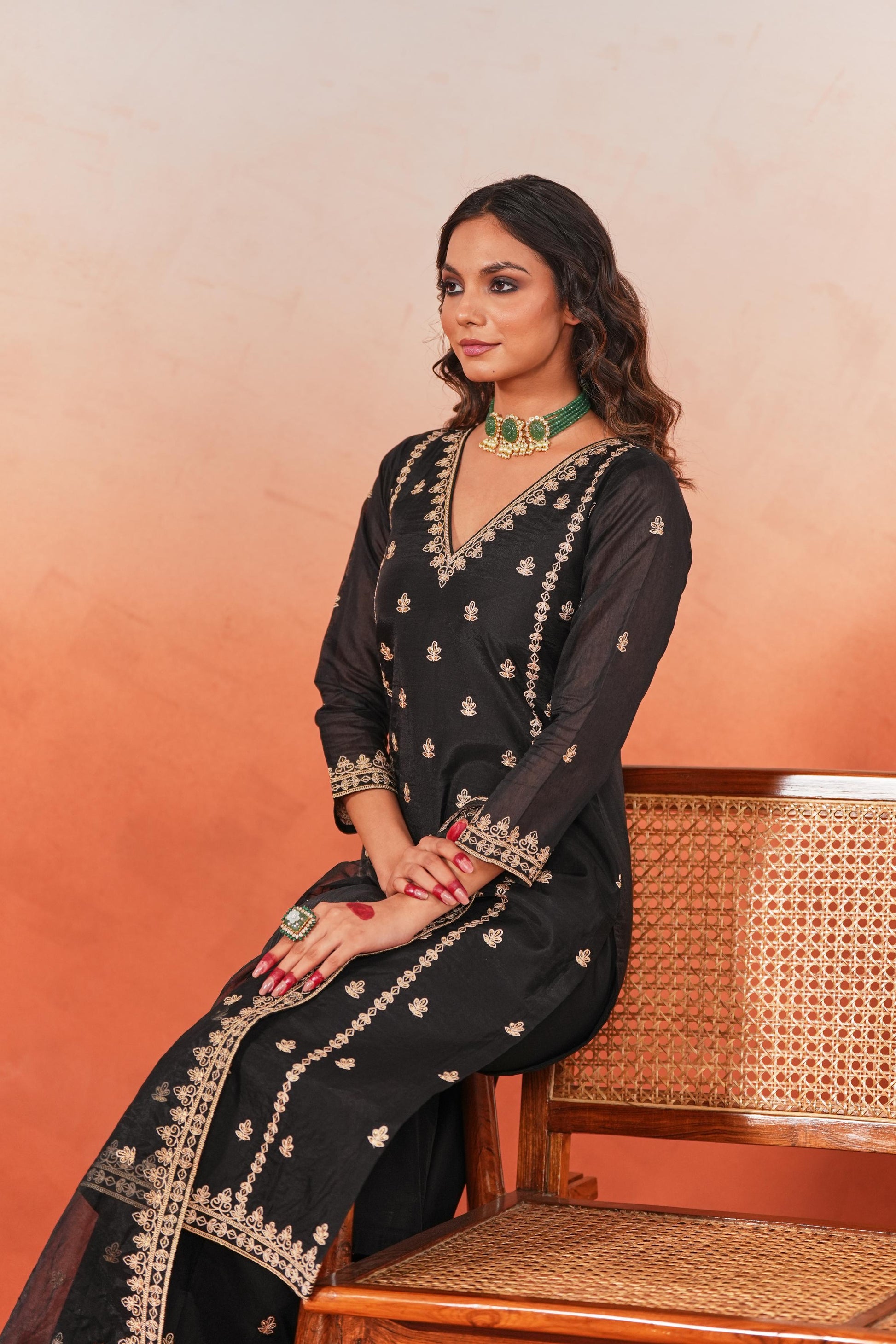 Fannah - Black Chanderi Embroidered Suit Set- NV