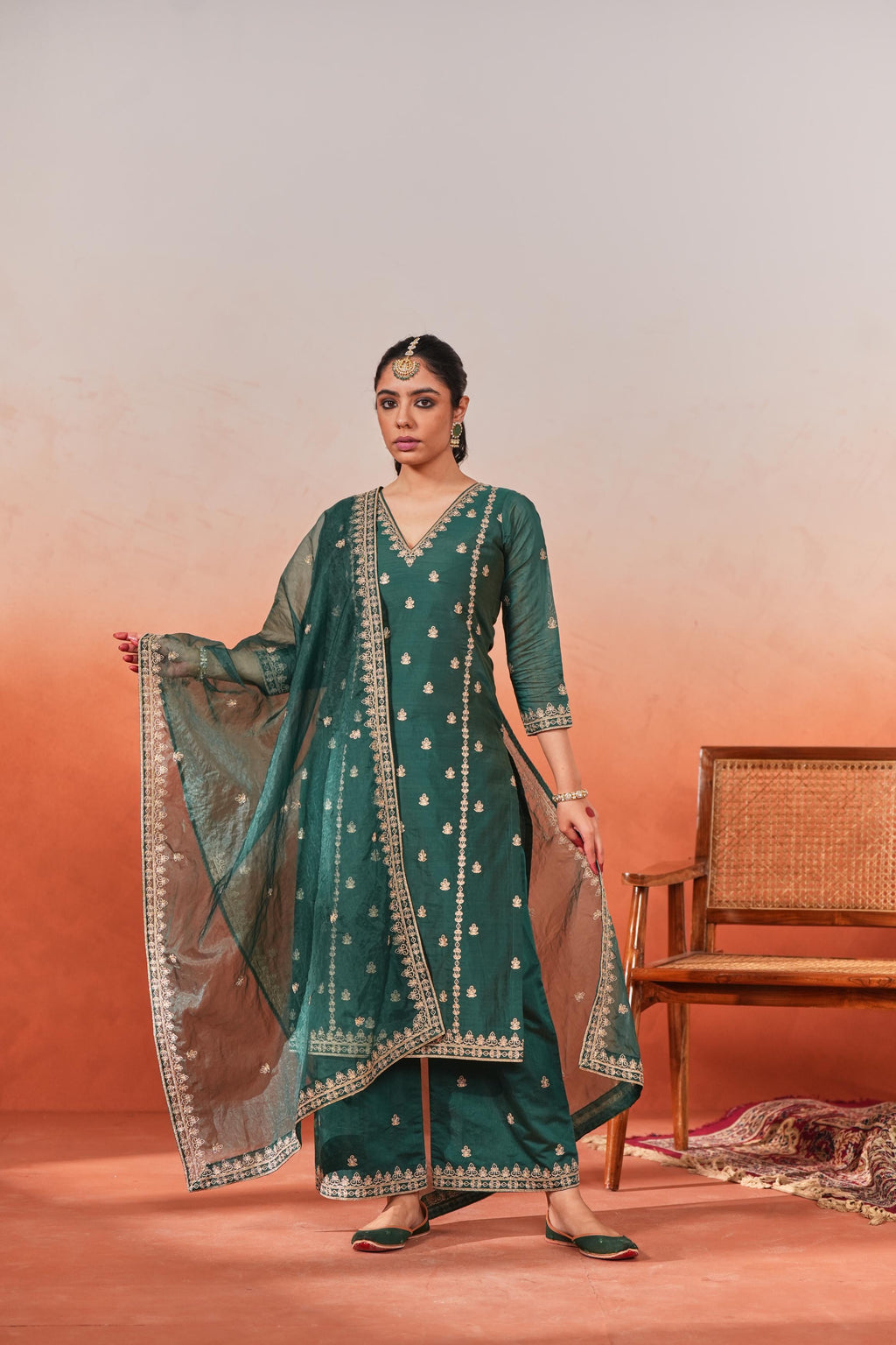 Gul-o-rang - Green Chanderi Embroidered Suit Set- NV