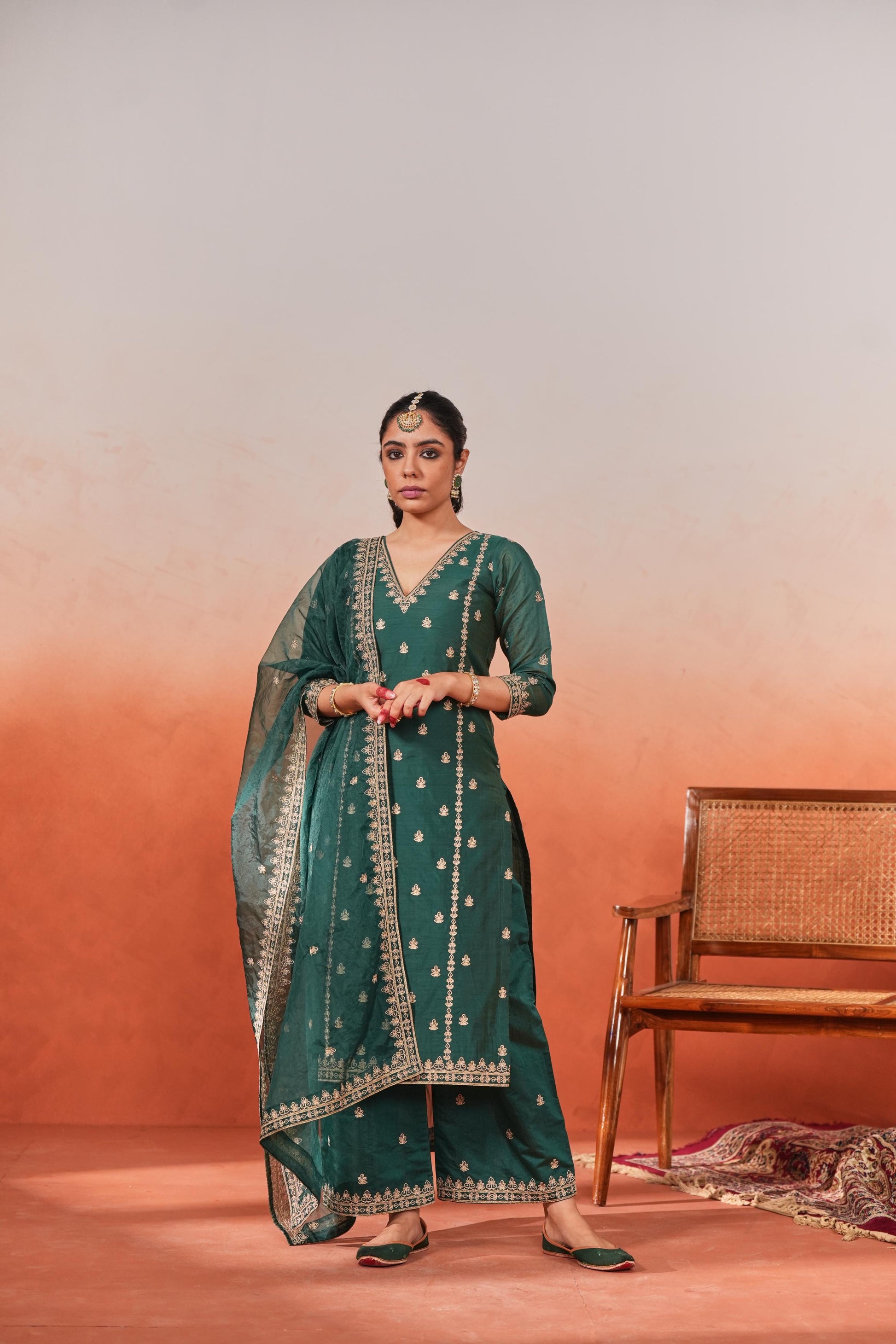 Gul-o-rang - Green Chanderi Embroidered Suit Set- NV