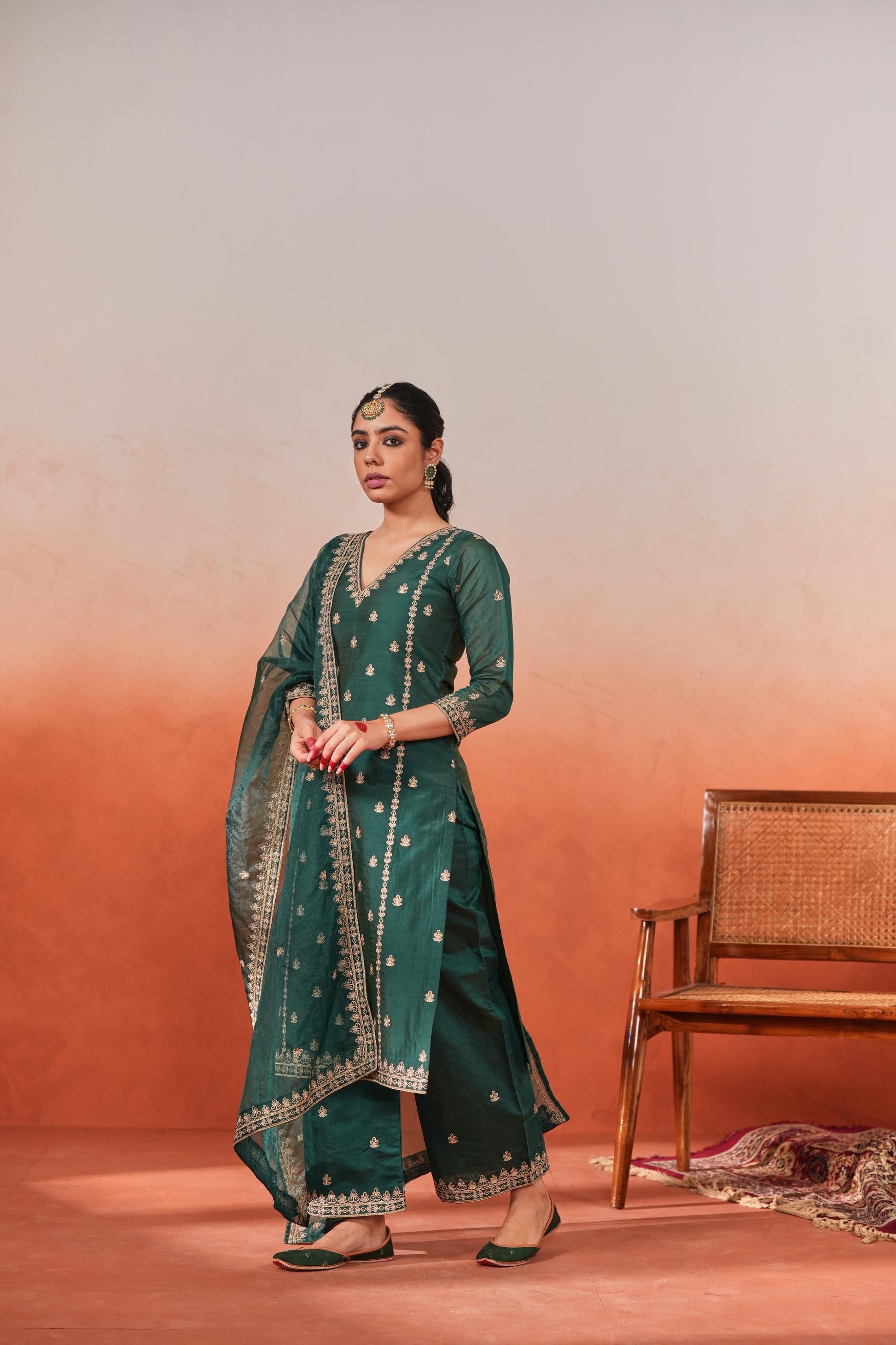 Gul-o-rang - Green Chanderi Embroidered Suit Set- NV