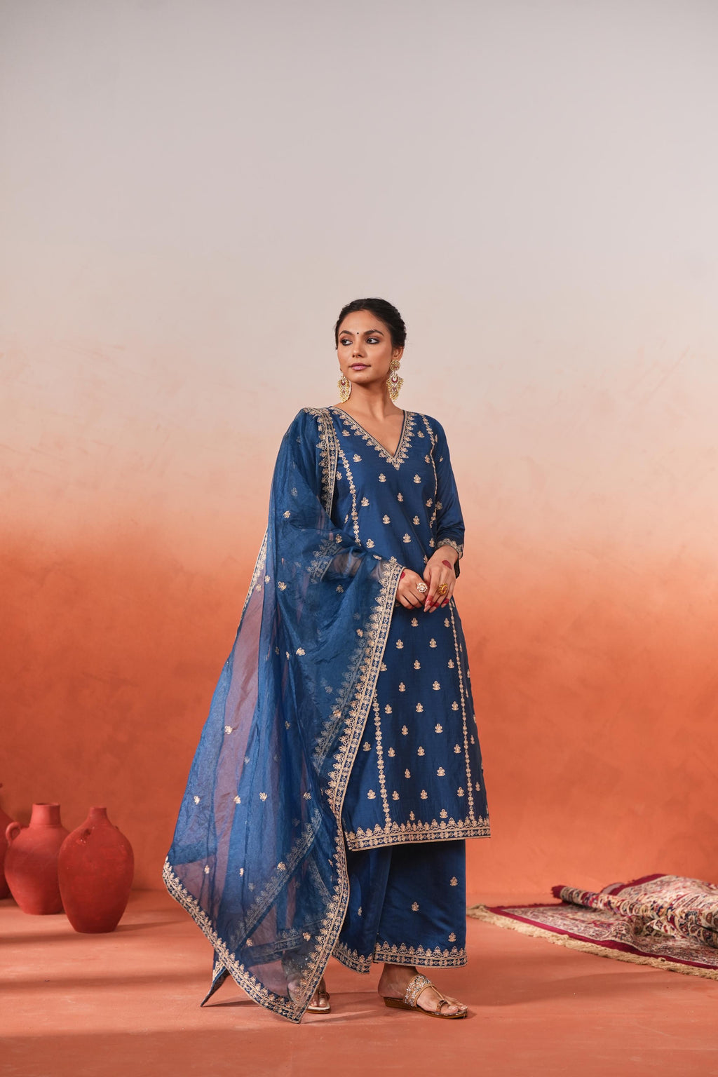 Gulzaar - Blue Chanderi Embroidered Suit Set- NV