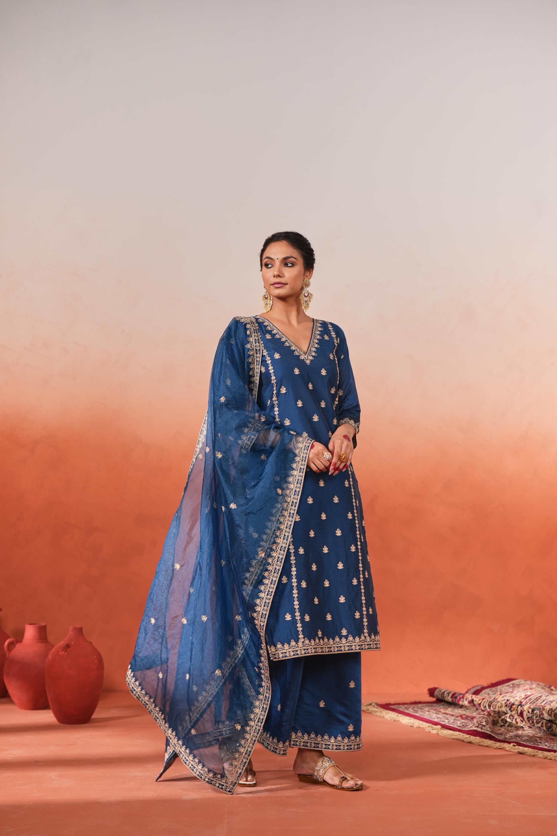 Gulzaar - Blue Chanderi Embroidered Suit Set- NV