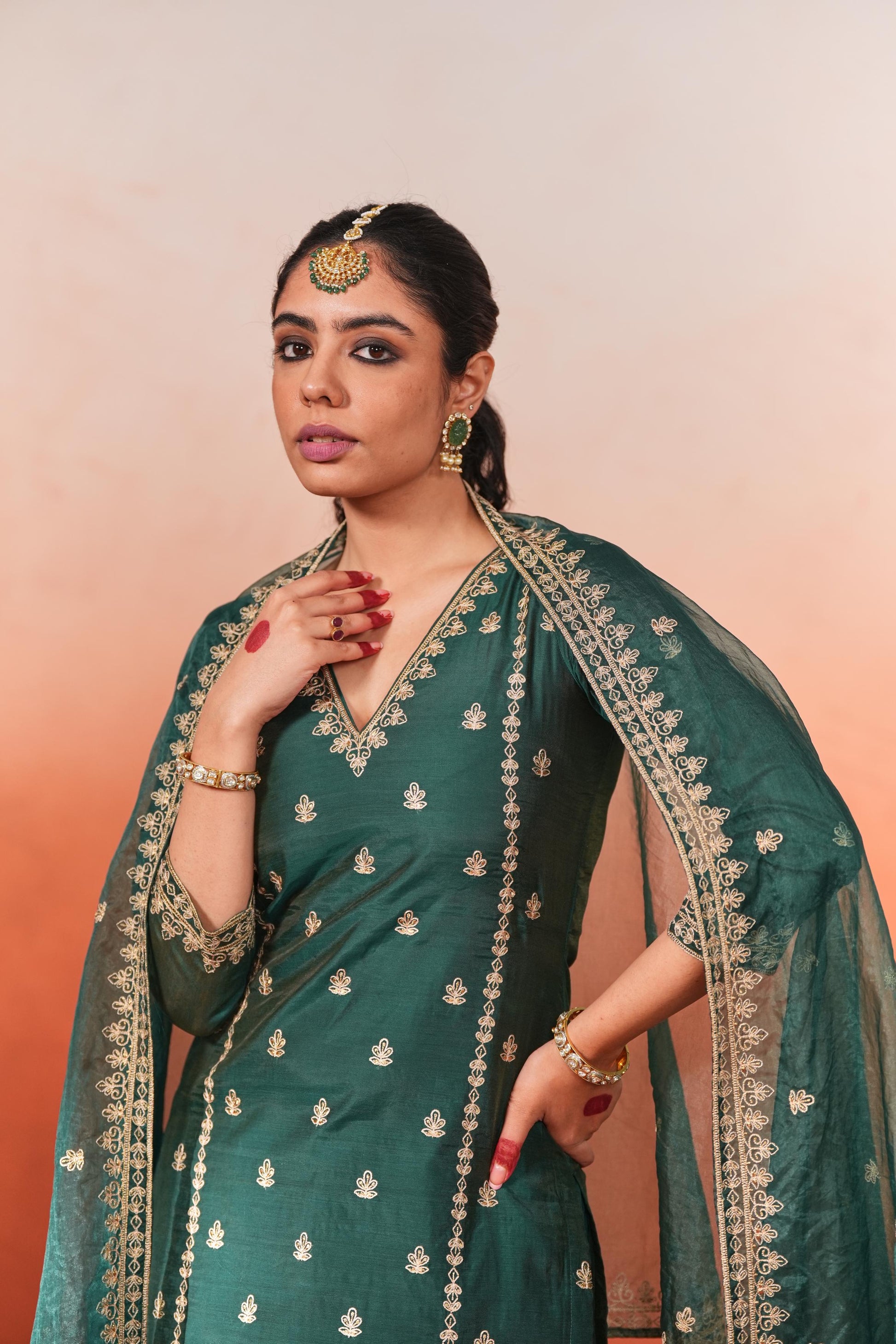 Gul-o-rang - Green Chanderi Embroidered Suit Set- NV
