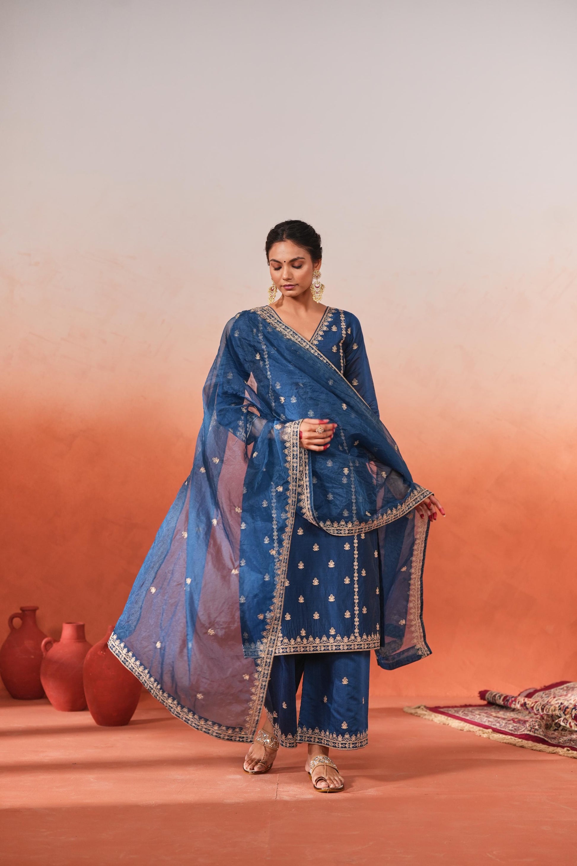 Gulzaar - Blue Chanderi Embroidered Suit Set- NV