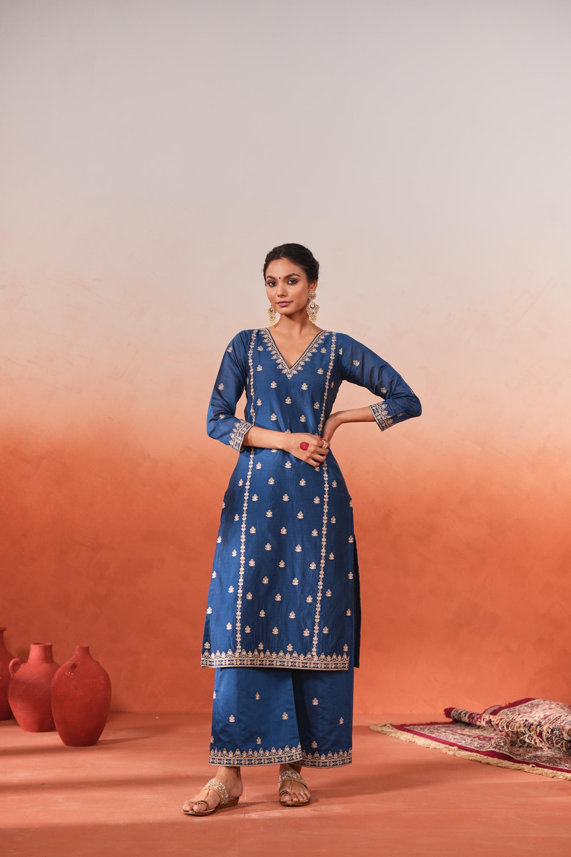 Gulzaar - Blue Chanderi Embroidered Suit Set- NV