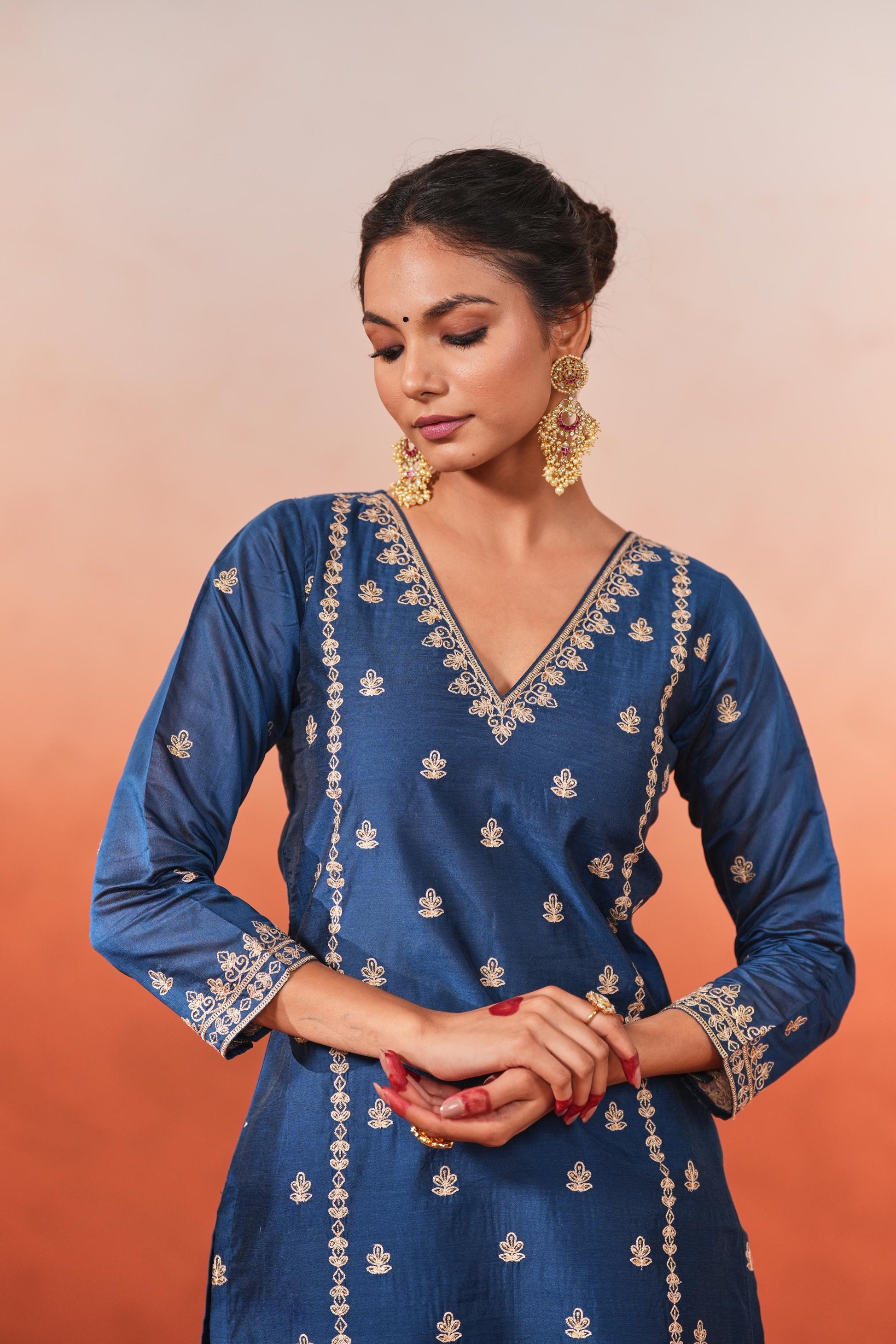 Gulzaar - Blue Chanderi Embroidered Suit Set- NV