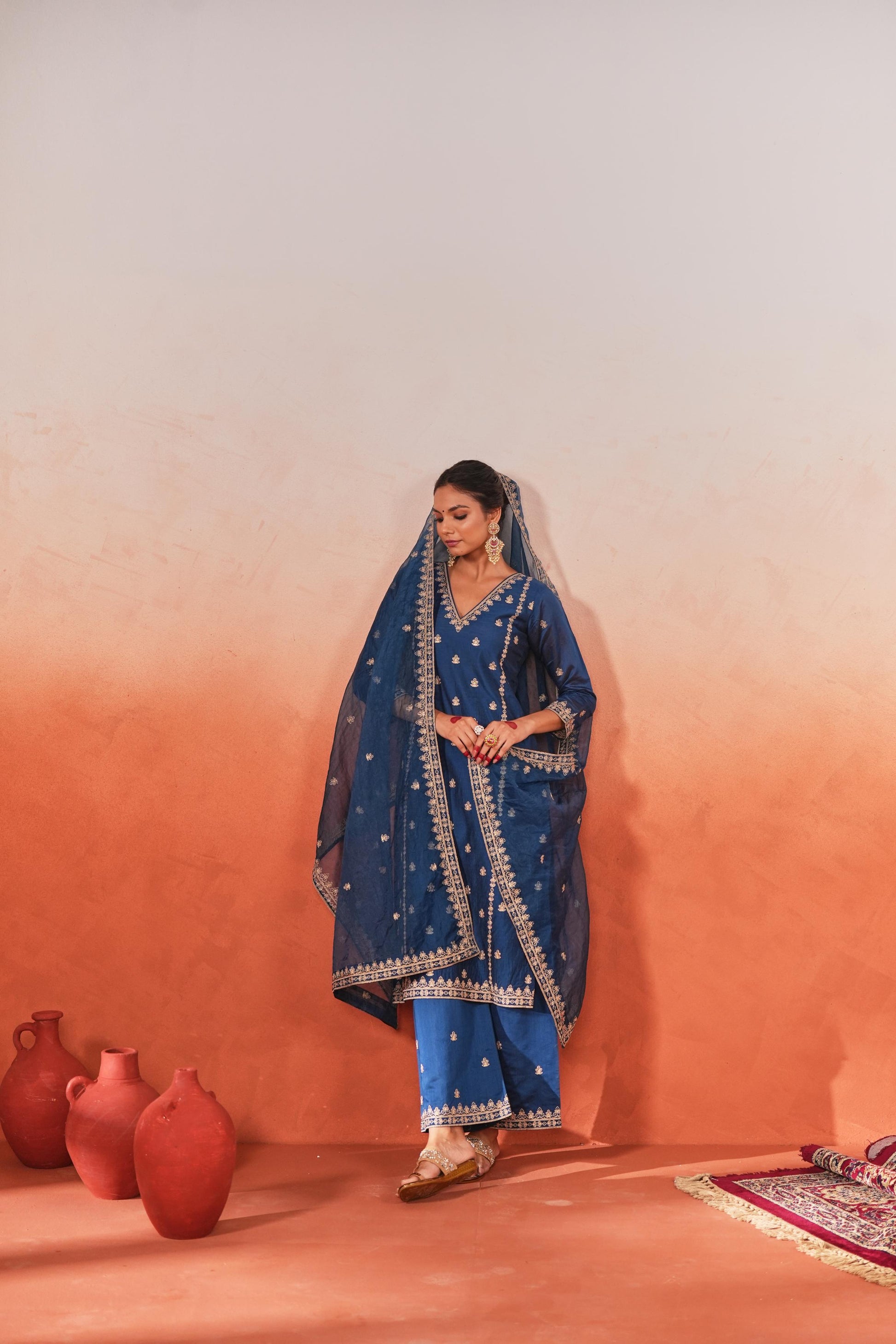 Gulzaar - Blue Chanderi Embroidered Suit Set- NV