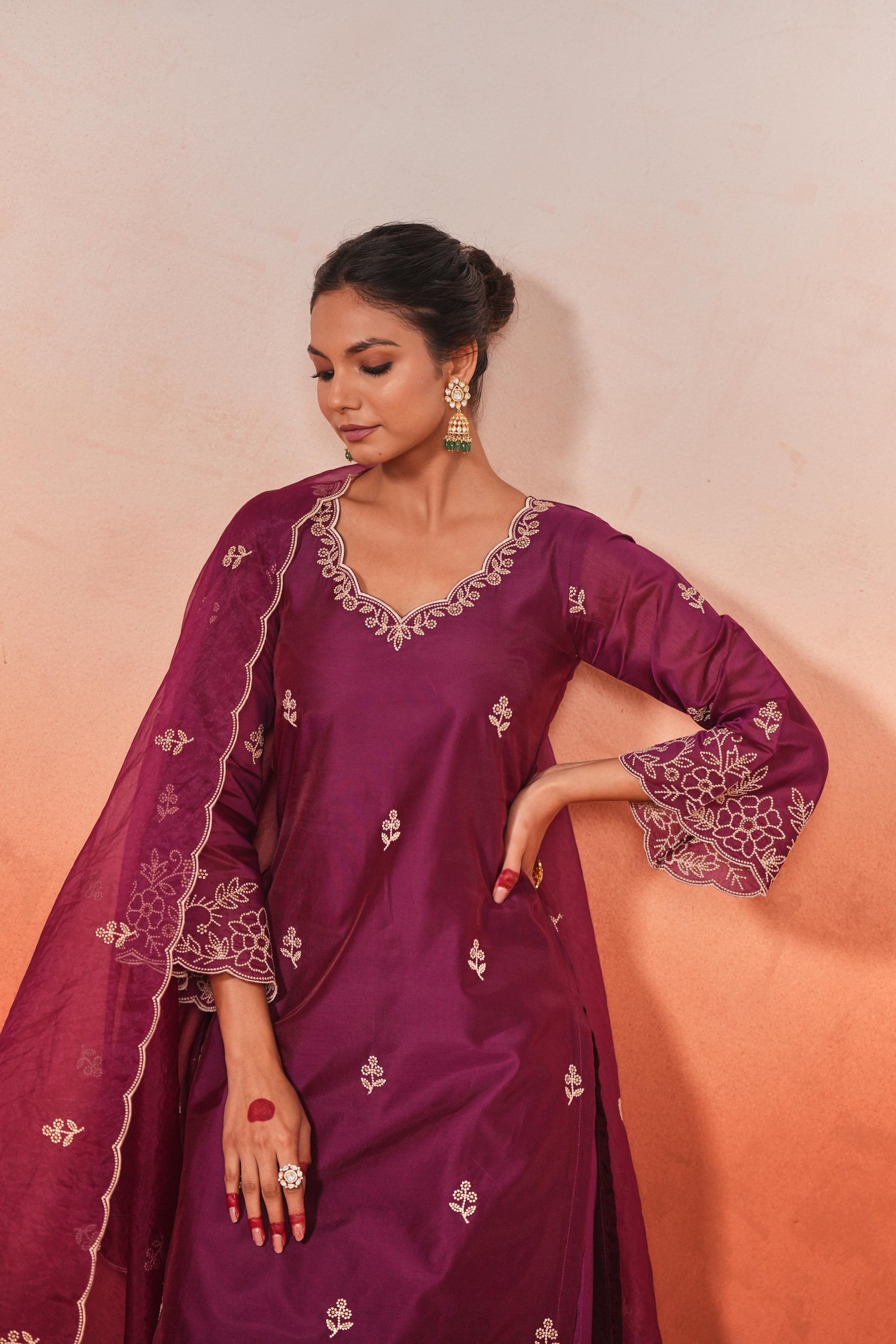 Khila - Wine Chanderi Embroidered Suit Set- NV