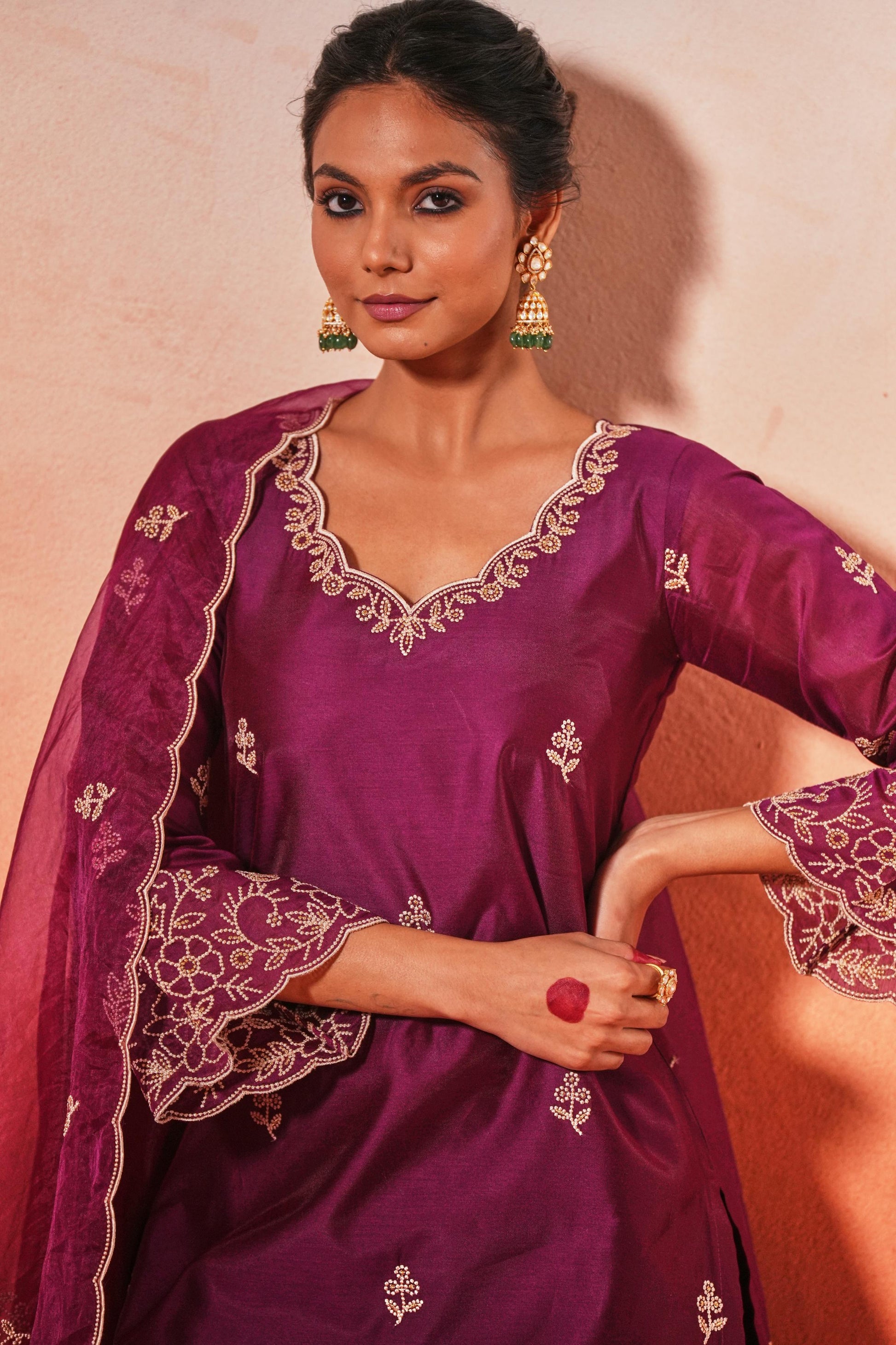 Khila - Wine Chanderi Embroidered Suit Set- NV