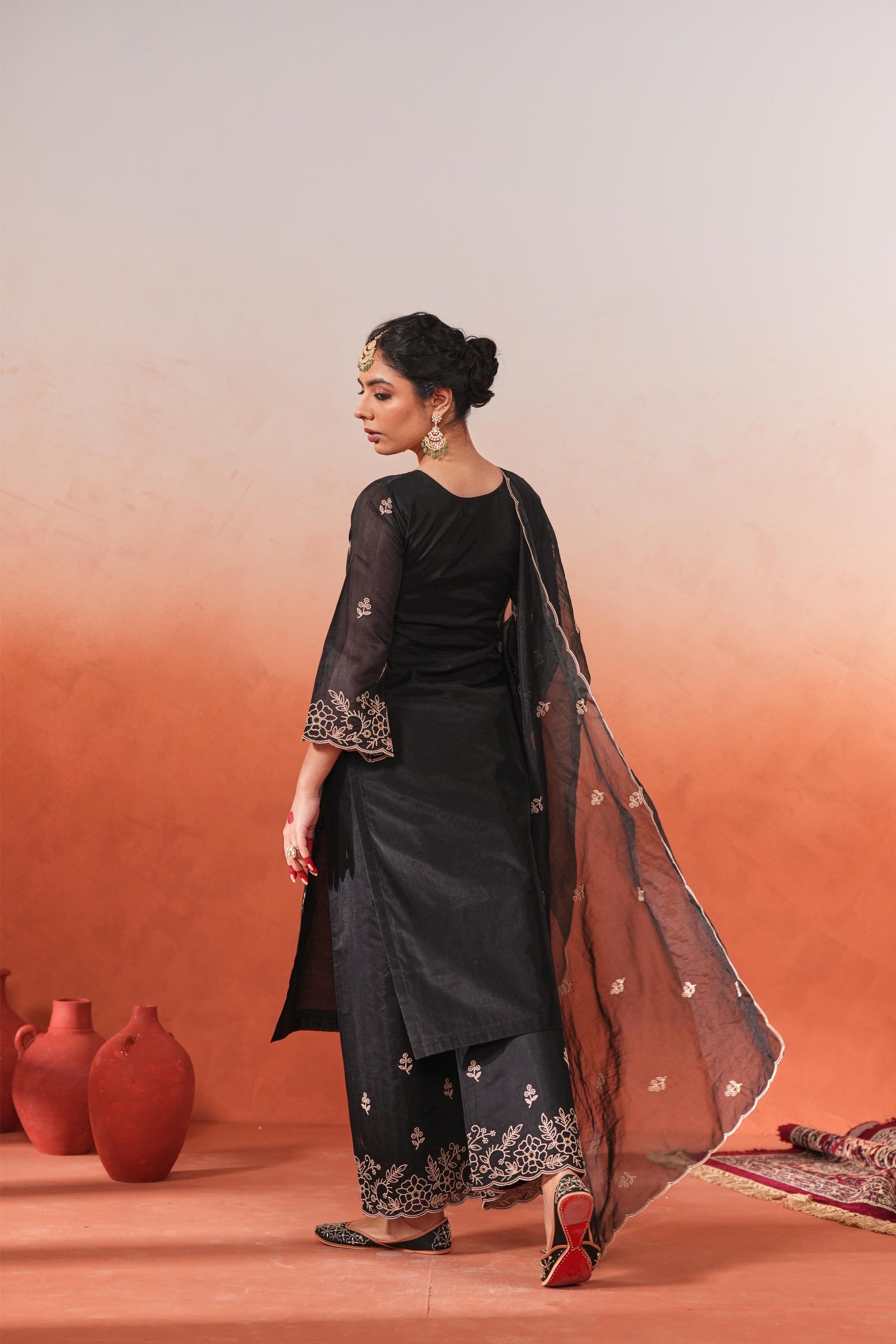Mehfil - Black Chanderi Embroidered Suit Set- NV