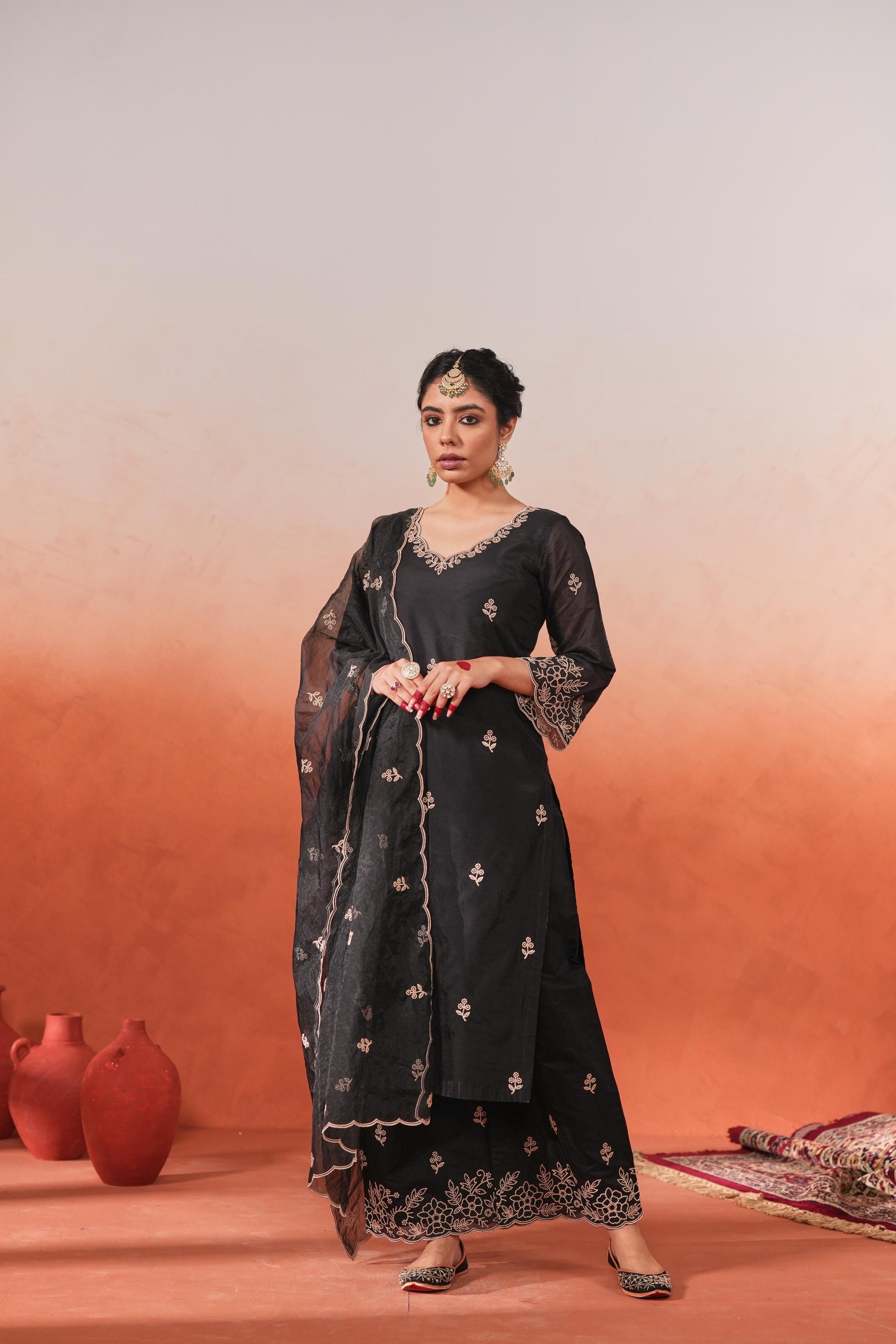 Mehfil - Black Chanderi Embroidered Suit Set- NV