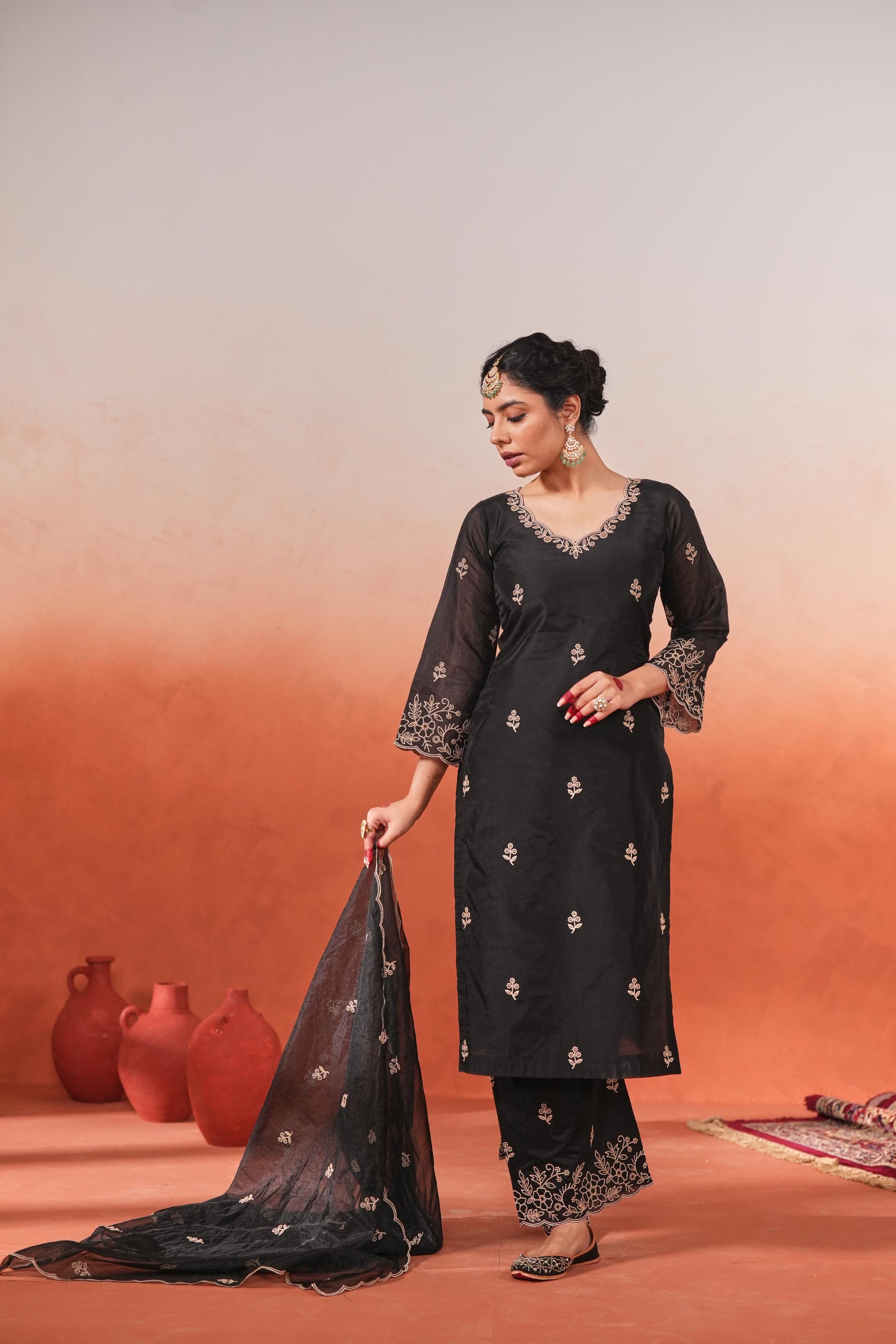 Mehfil - Black Chanderi Embroidered Suit Set- NV