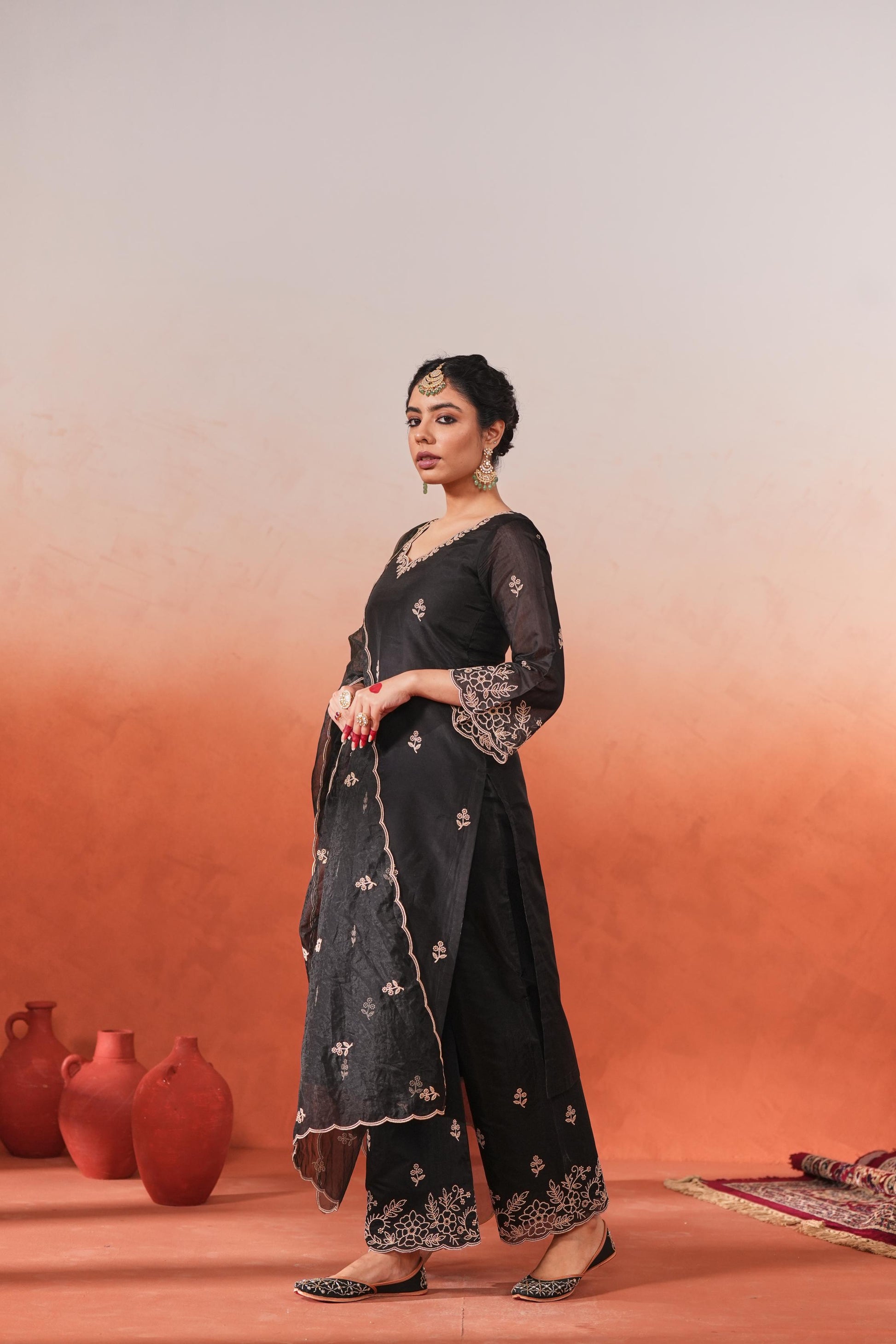 Mehfil - Black Chanderi Embroidered Suit Set- NV