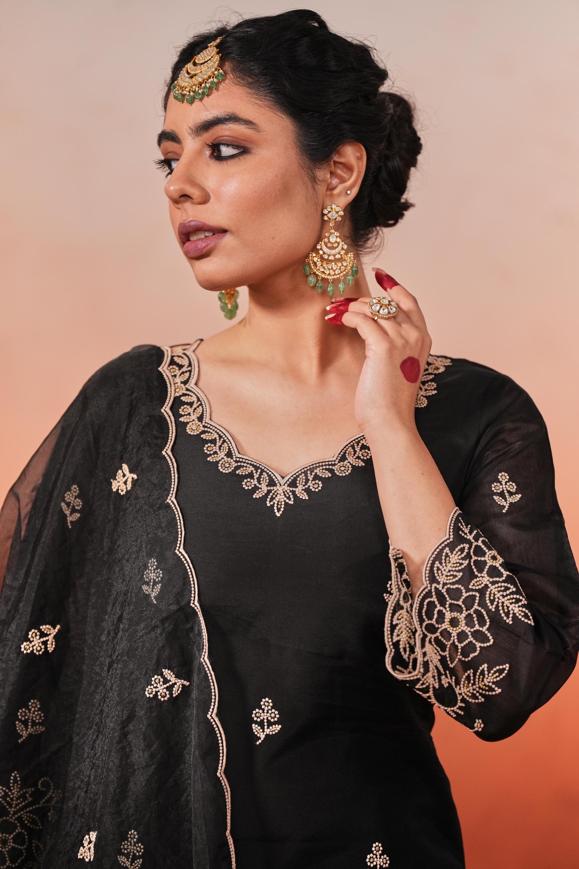 Mehfil - Black Chanderi Embroidered Suit Set- NV