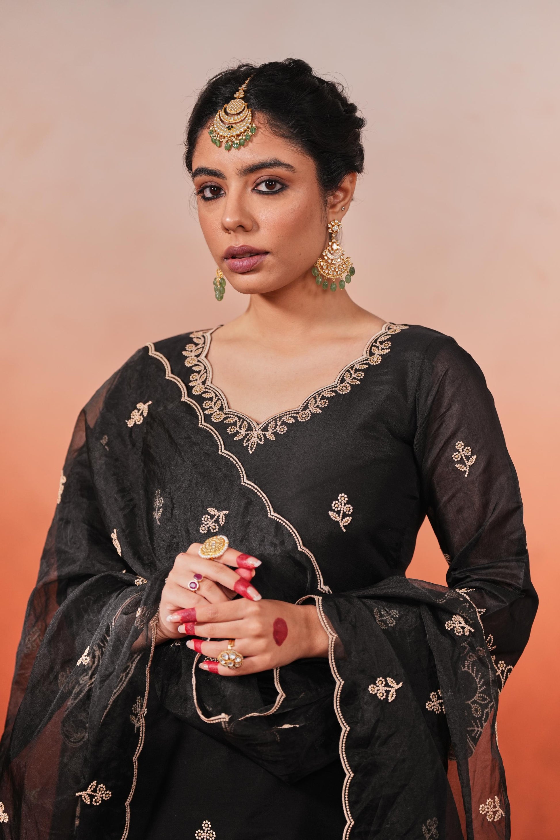 Mehfil - Black Chanderi Embroidered Suit Set- NV