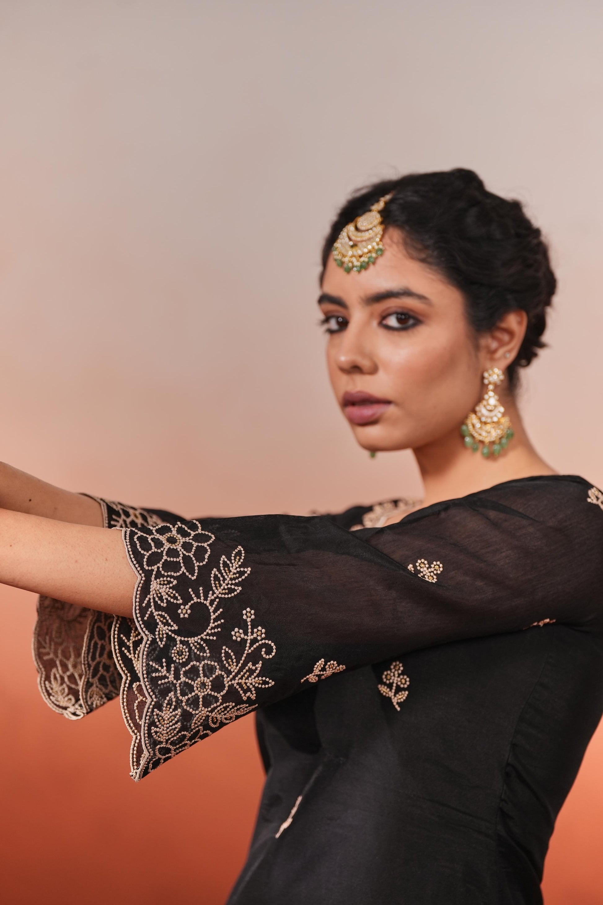 Mehfil - Black Chanderi Embroidered Suit Set- NV
