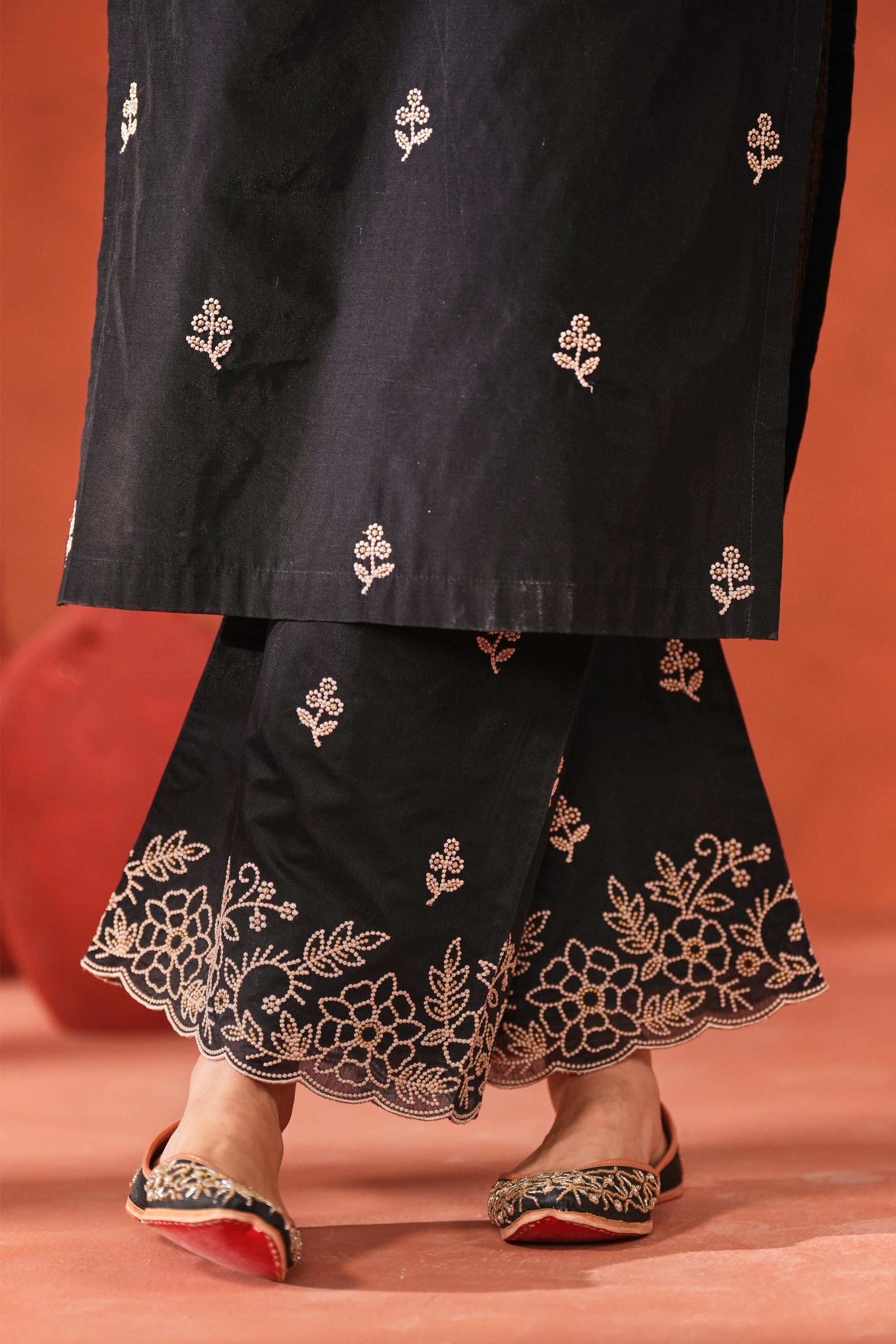Mehfil - Black Chanderi Embroidered Suit Set- NV