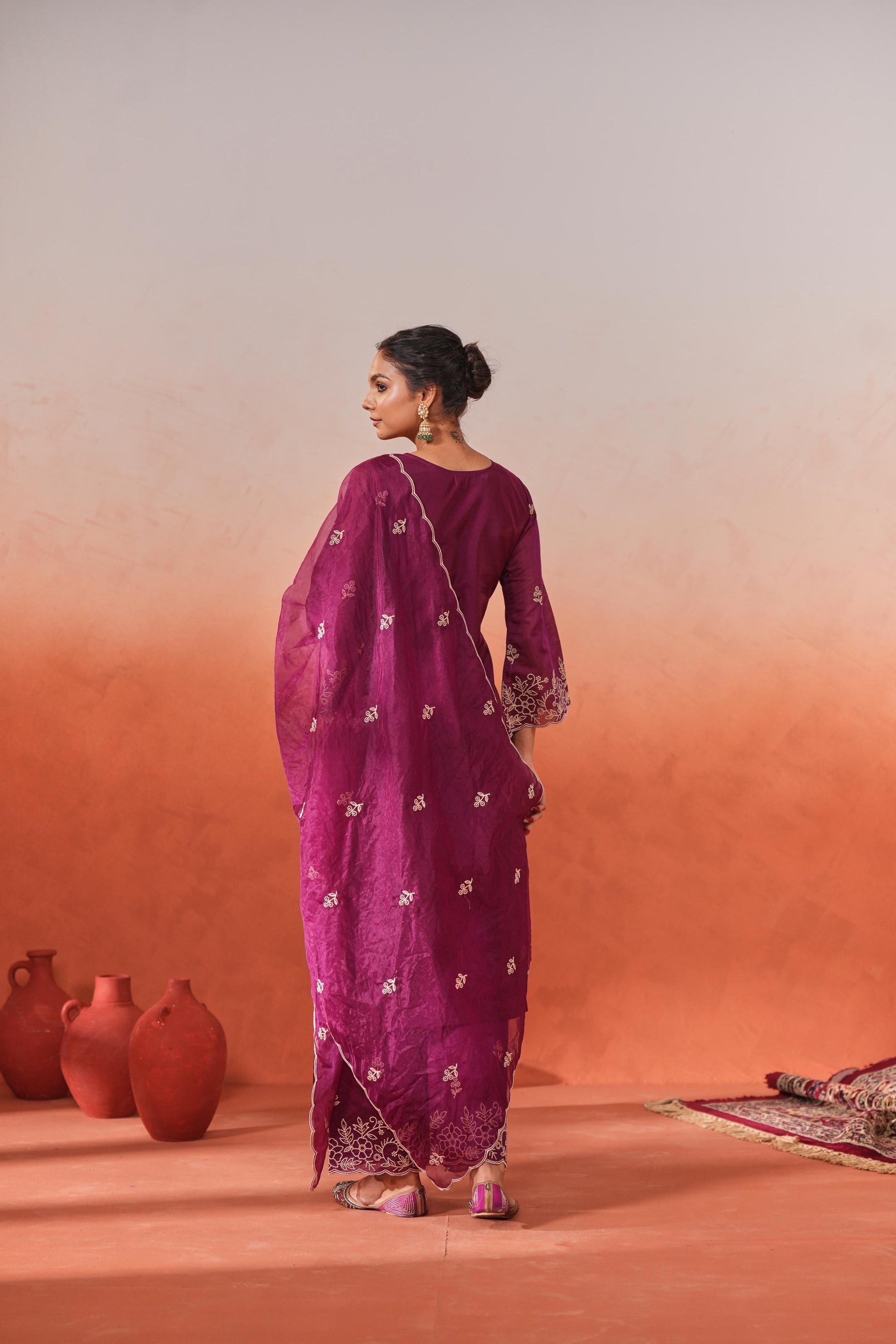 Khila - Wine Chanderi Embroidered Suit Set- NV