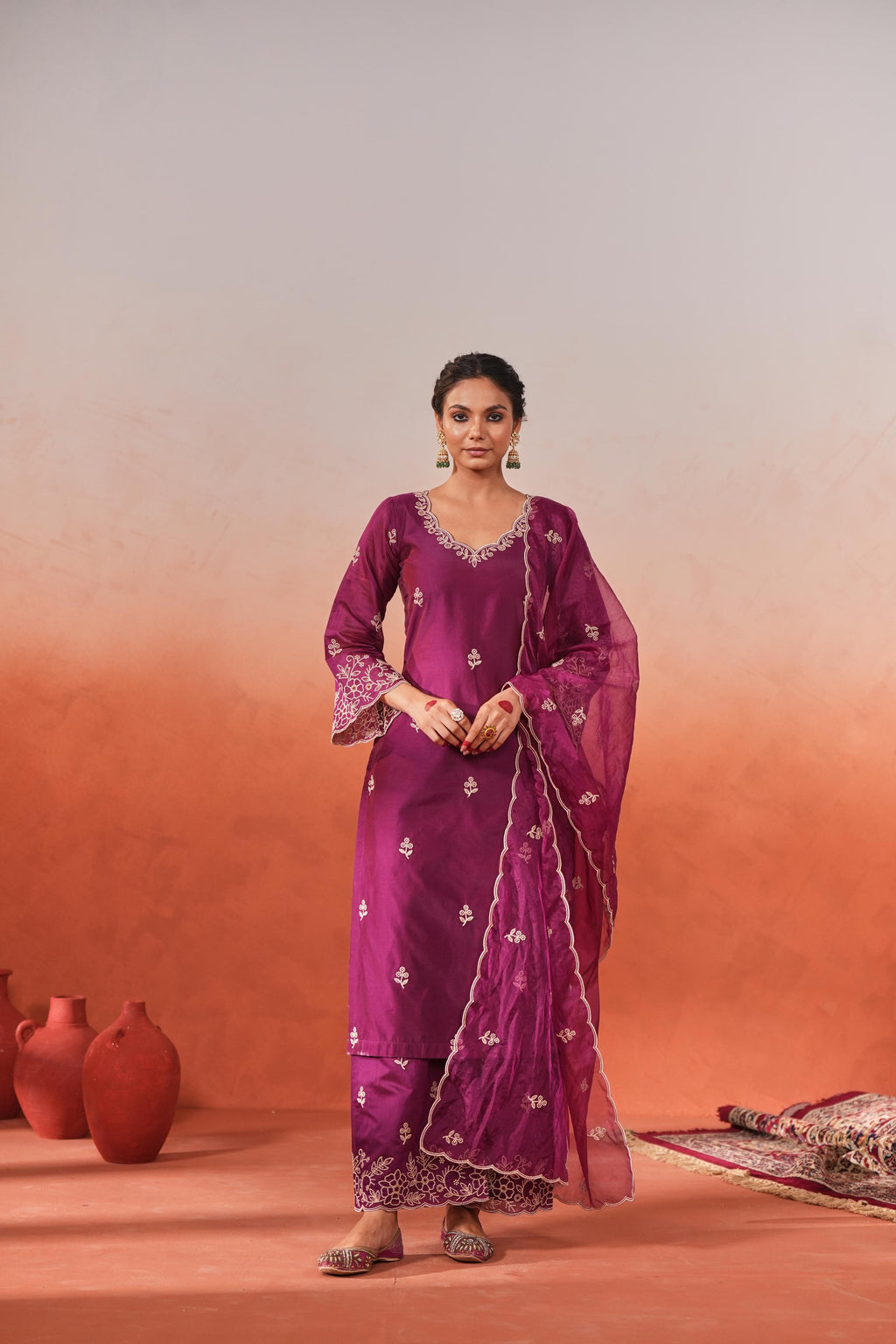 Khushnir - Wine Chanderi Embroidered Suit Set- NV