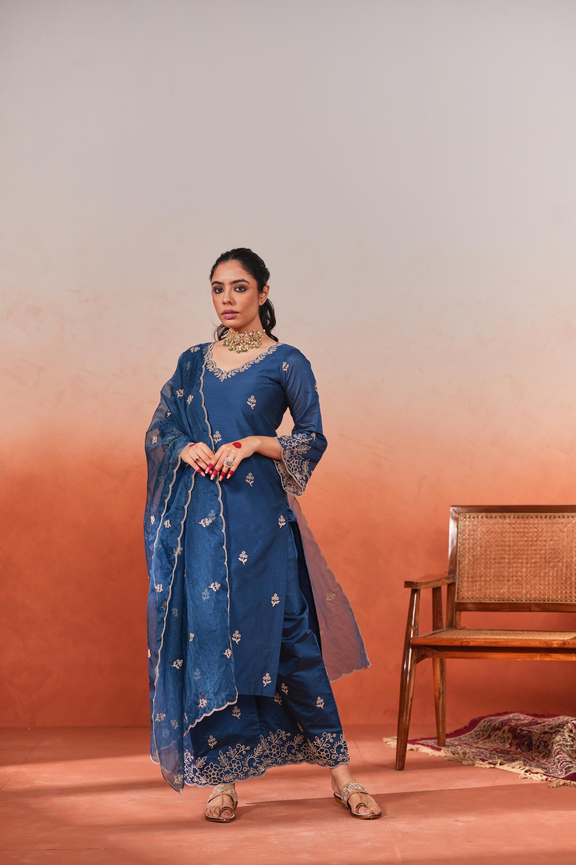 Firoz - Blue Chanderi Embroidered Suit Set- NV