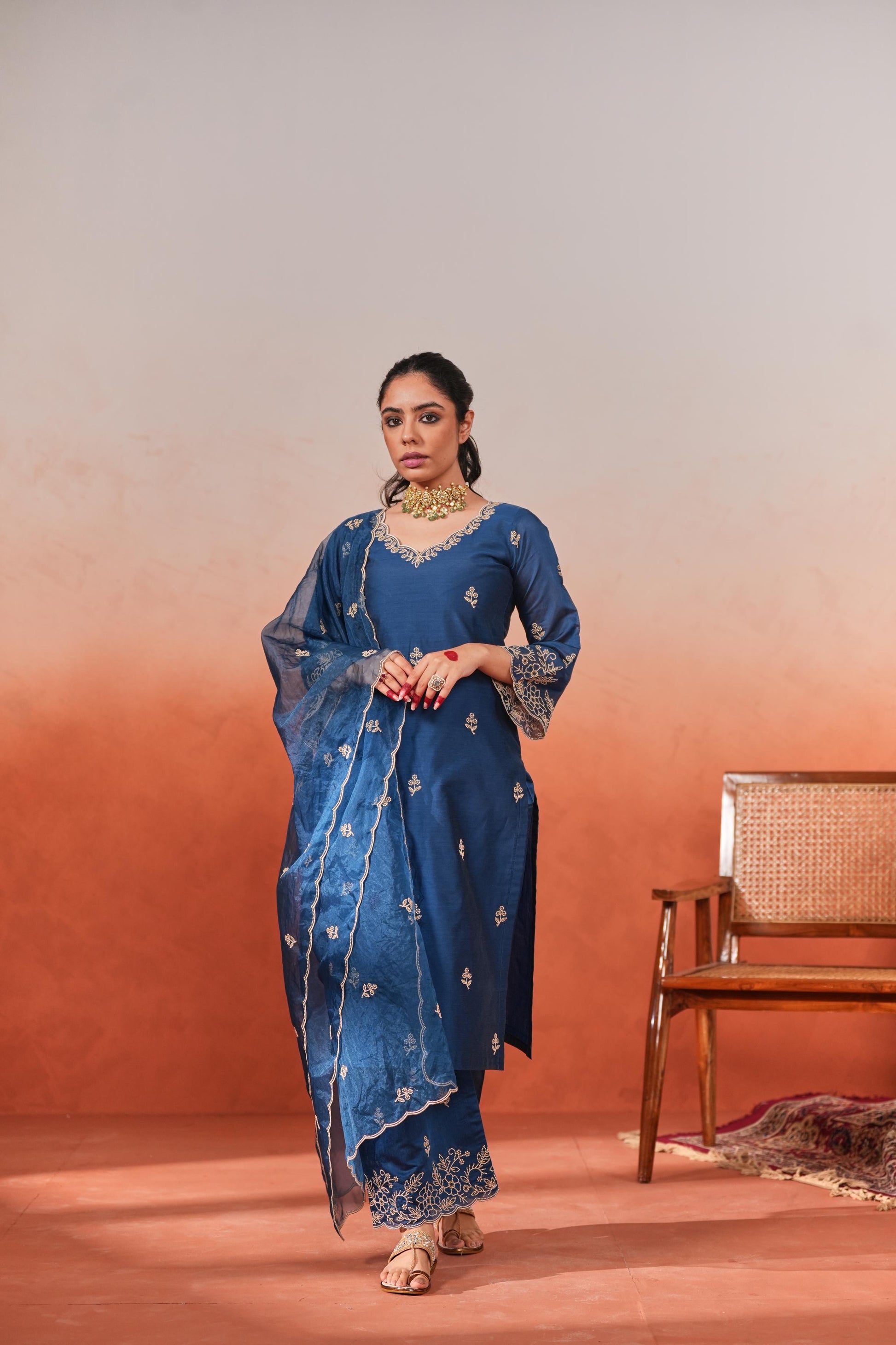 Firoz - Blue Chanderi Embroidered Suit Set- NV