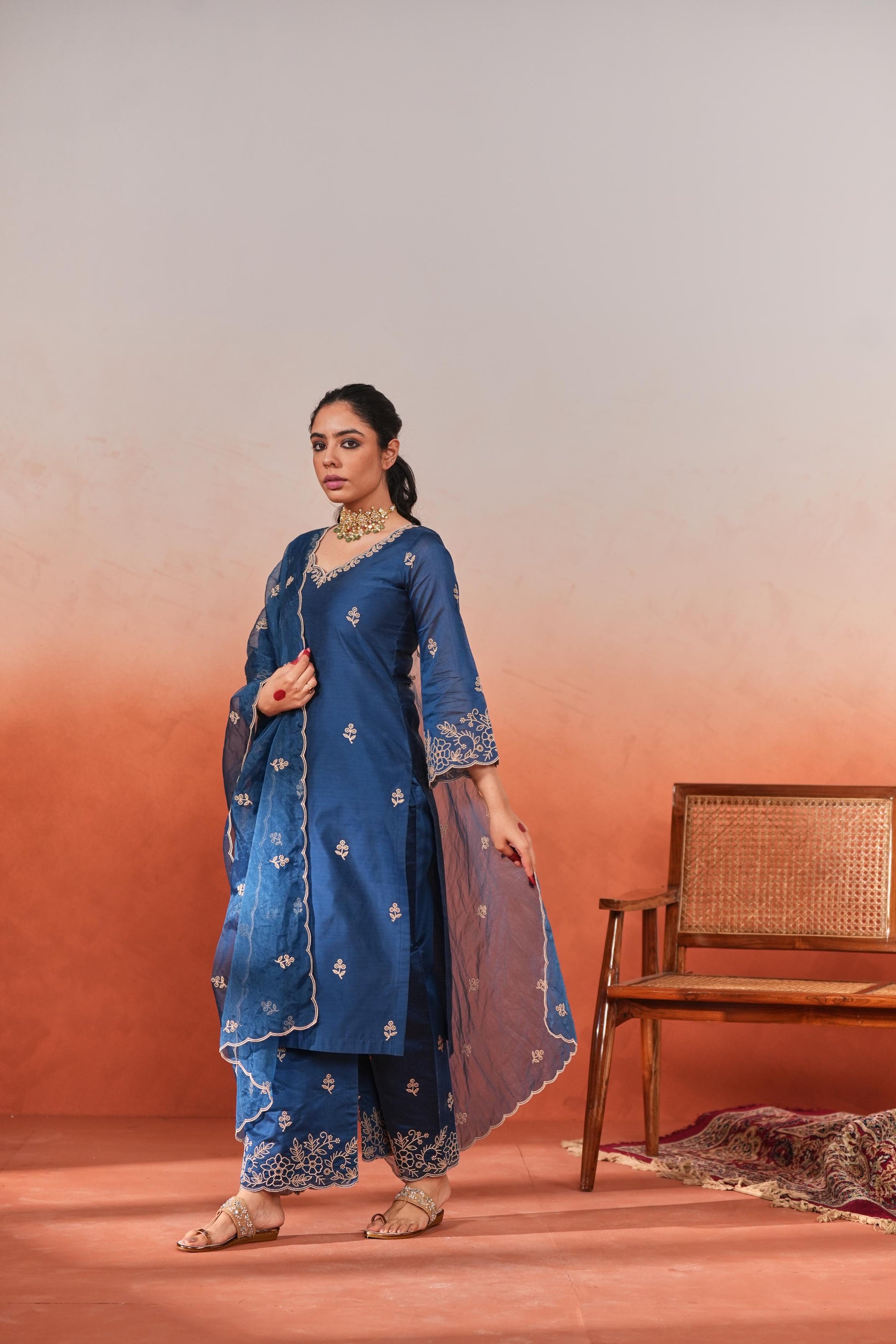 Firoz - Blue Chanderi Embroidered Suit Set- NV