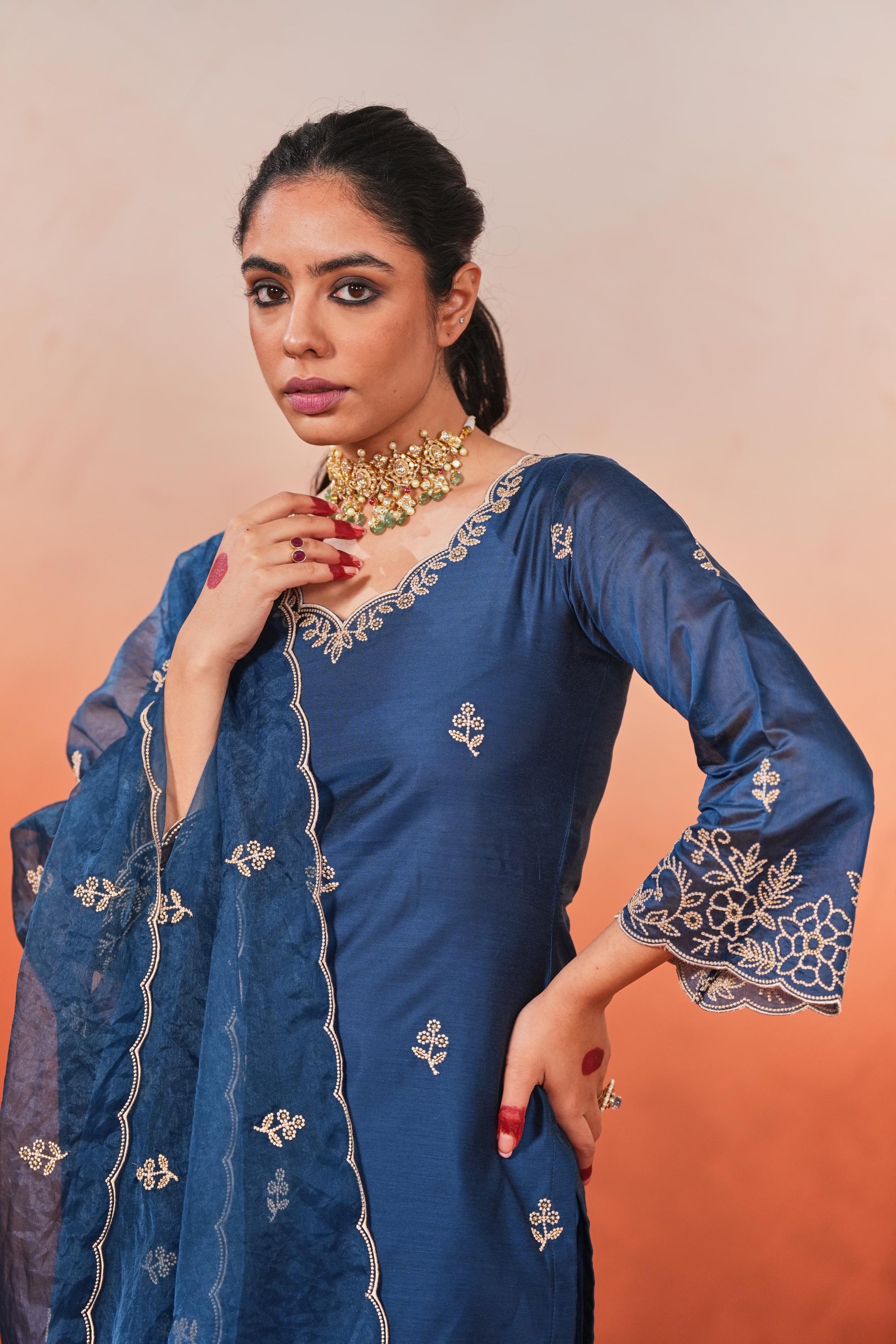 Firoz - Blue Chanderi Embroidered Suit Set- NV