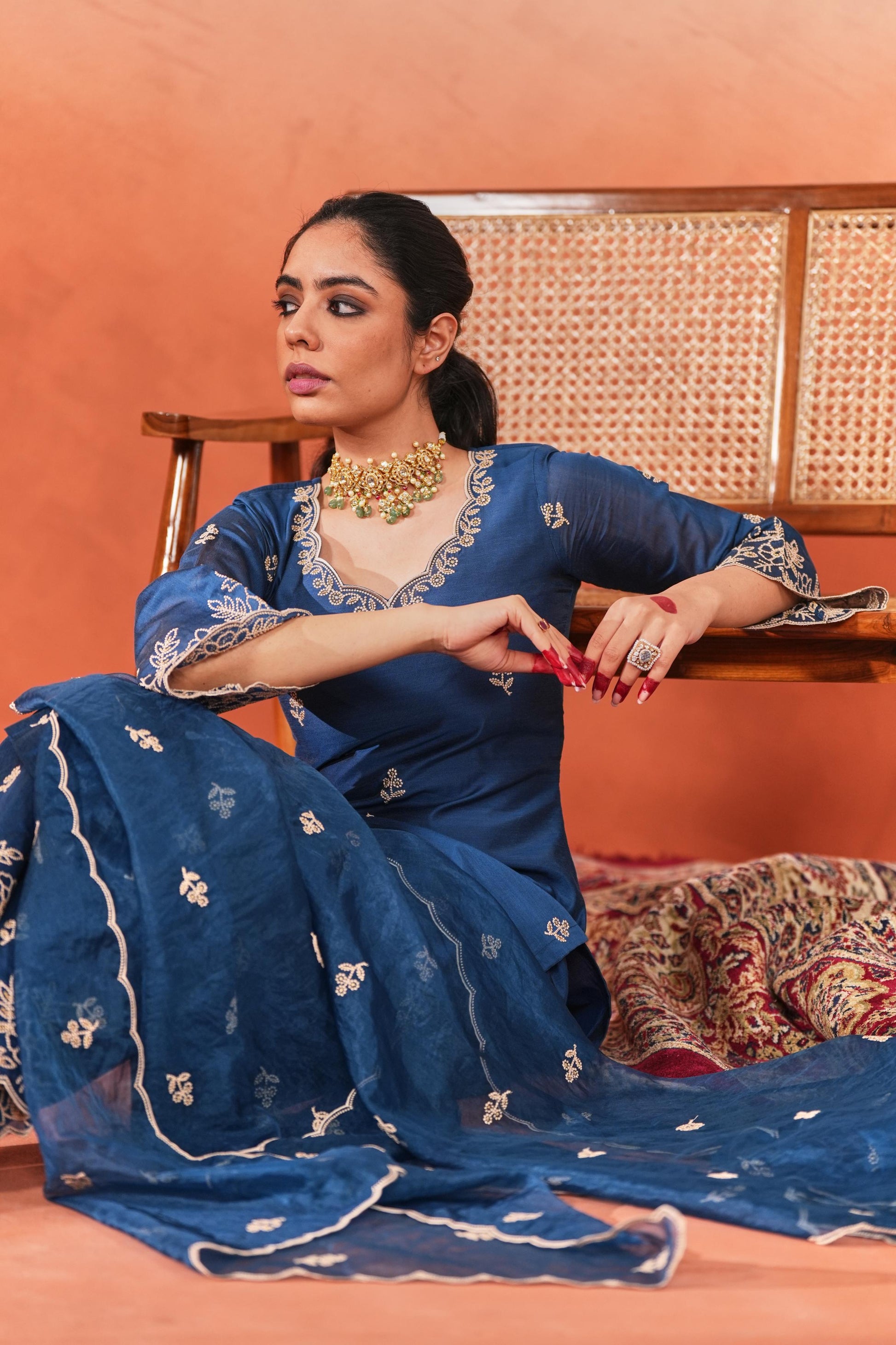 Firoz - Blue Chanderi Embroidered Suit Set- NV