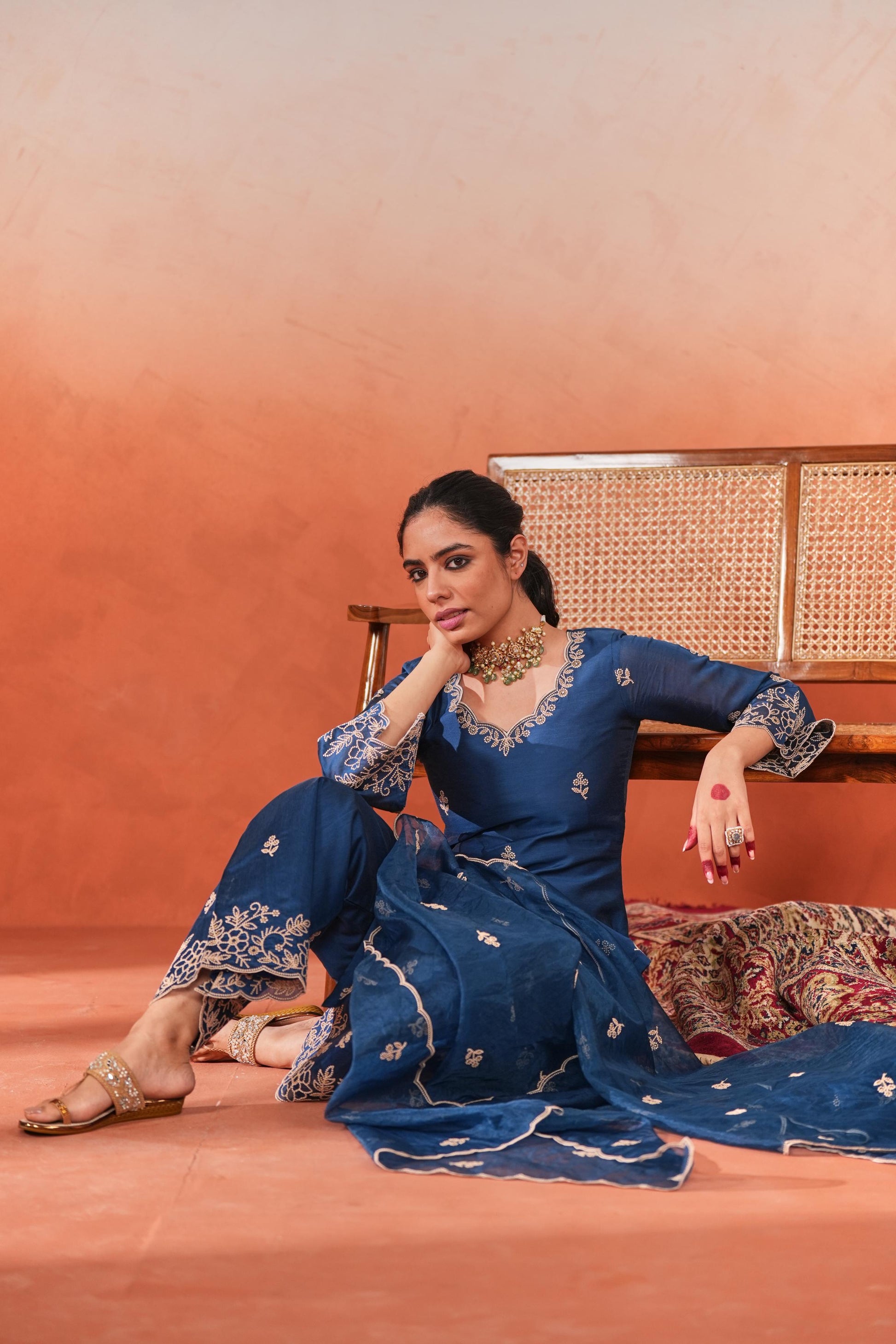 Firoz - Blue Chanderi Embroidered Suit Set- NV