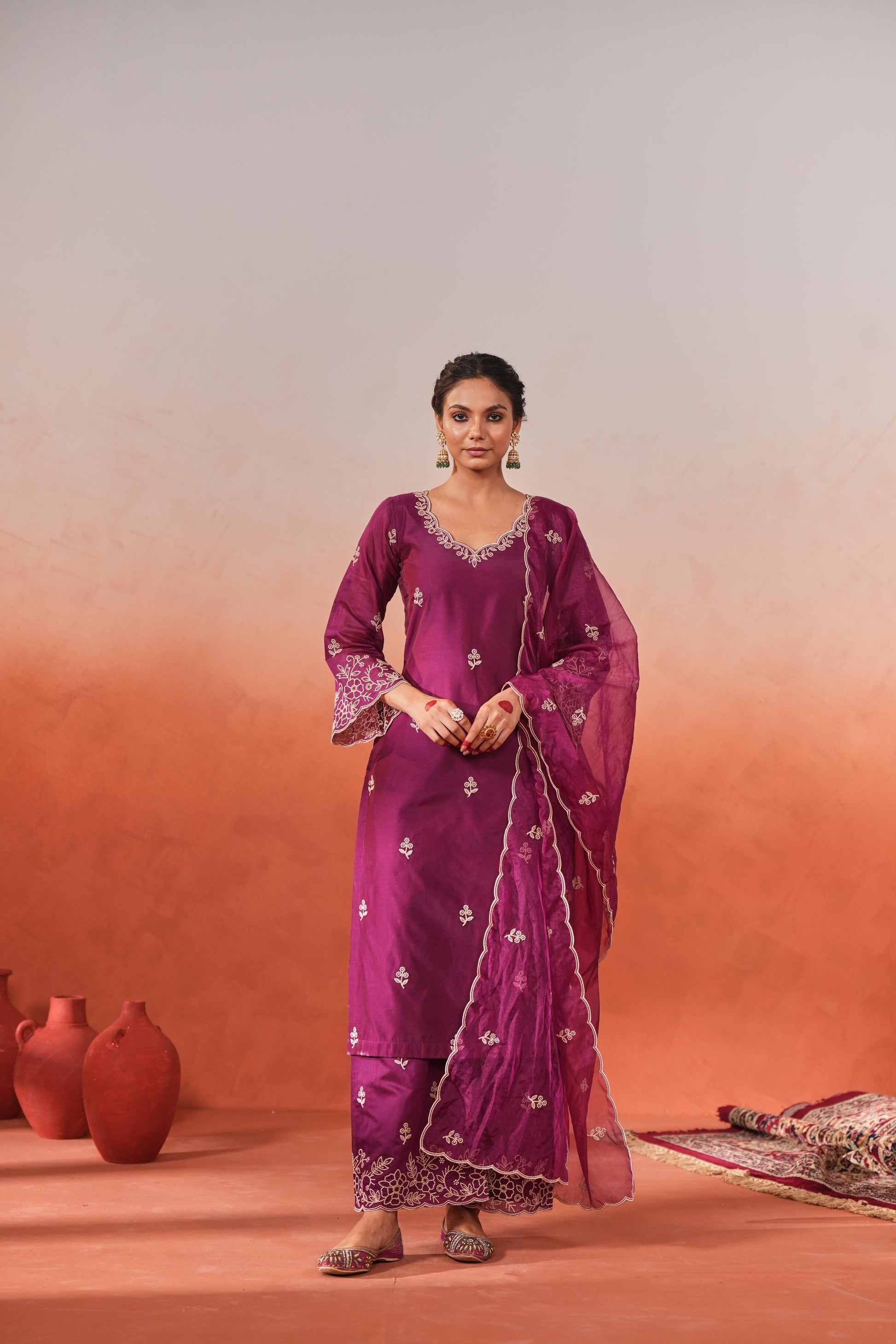 Khila - Wine Chanderi Embroidered Suit Set- NV