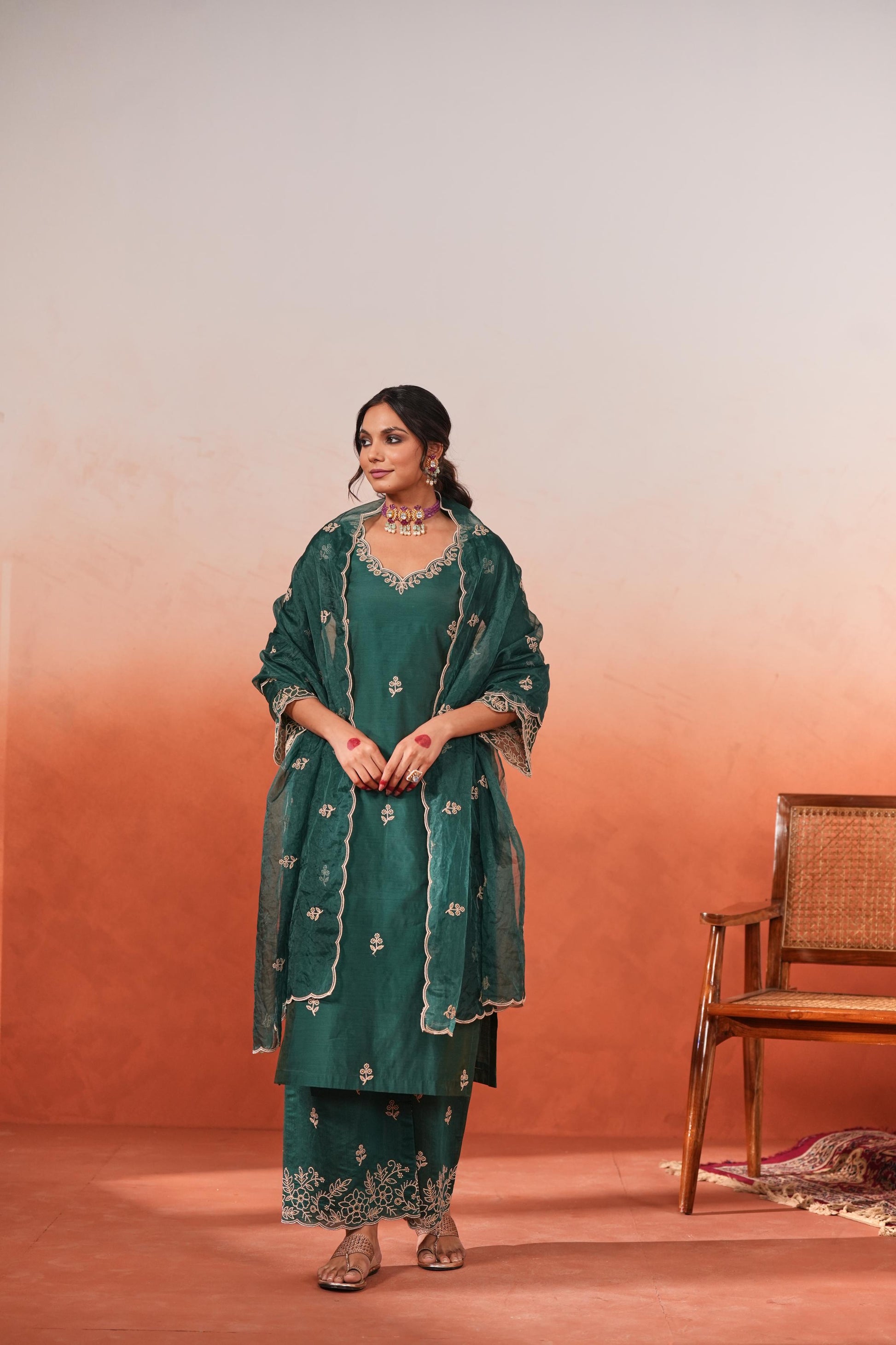 Suroor - Green Chanderi Embroidered Suit Set- NV
