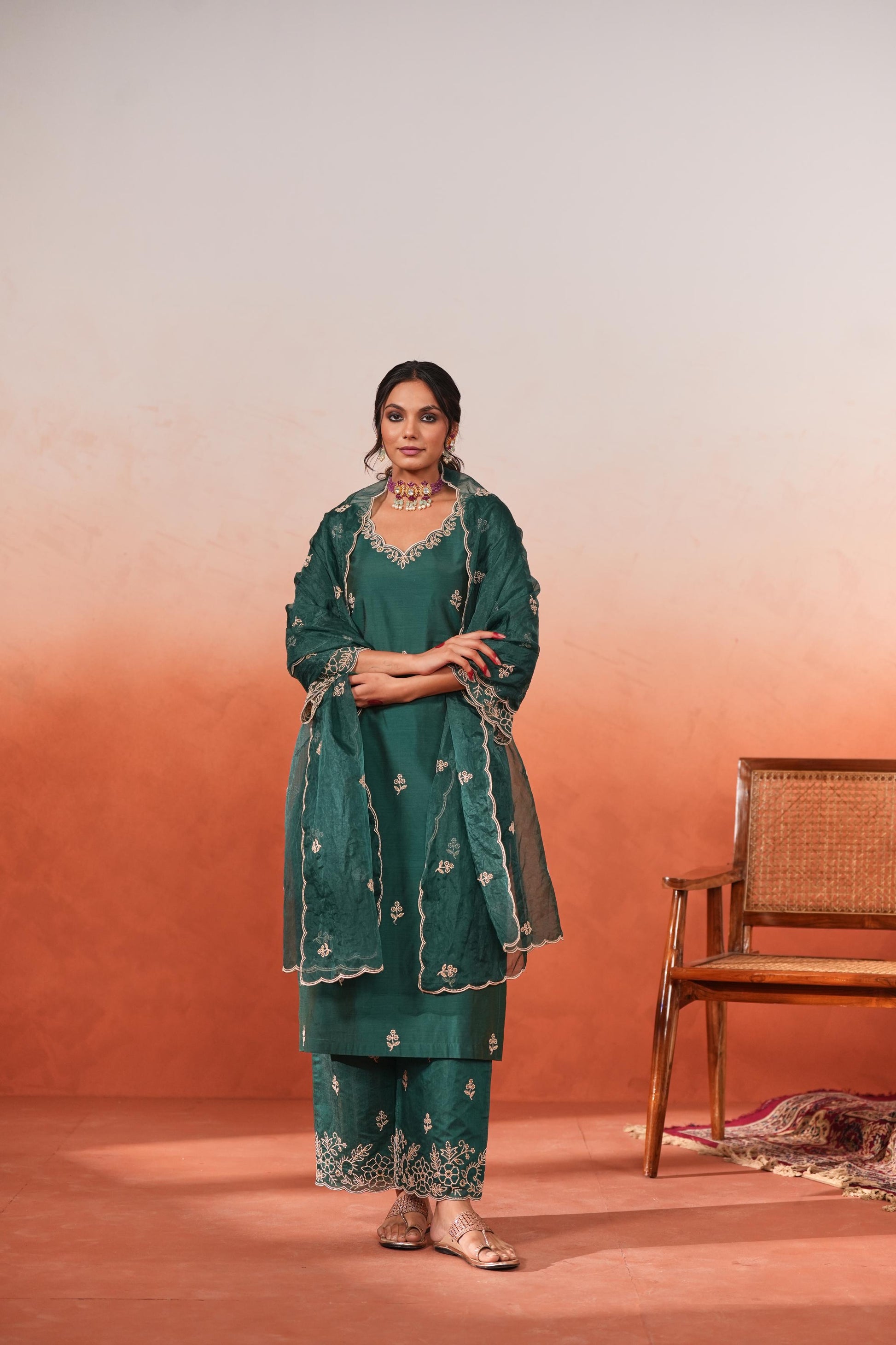 Suroor - Green Chanderi Embroidered Suit Set- NV
