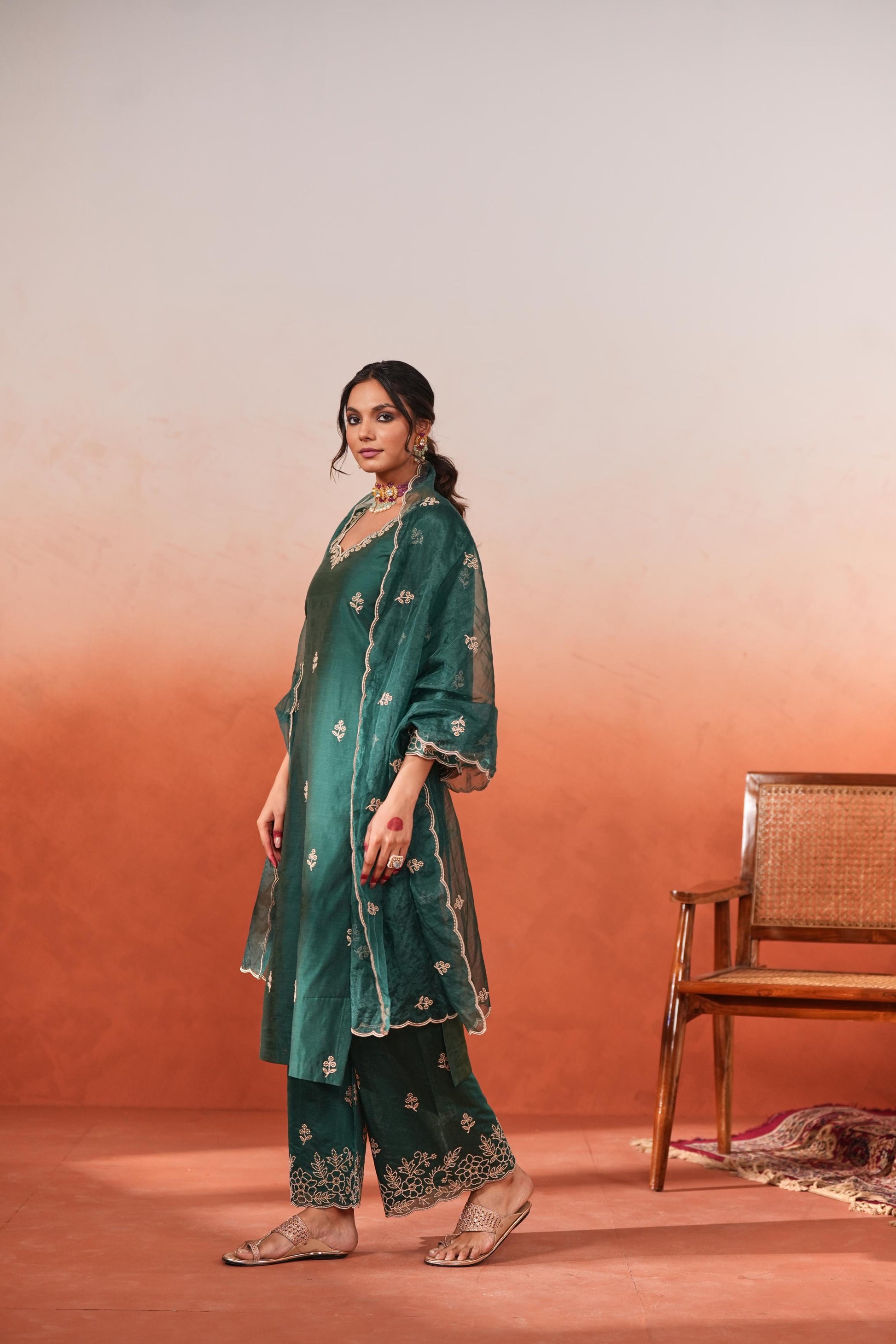Suroor - Green Chanderi Embroidered Suit Set- NV