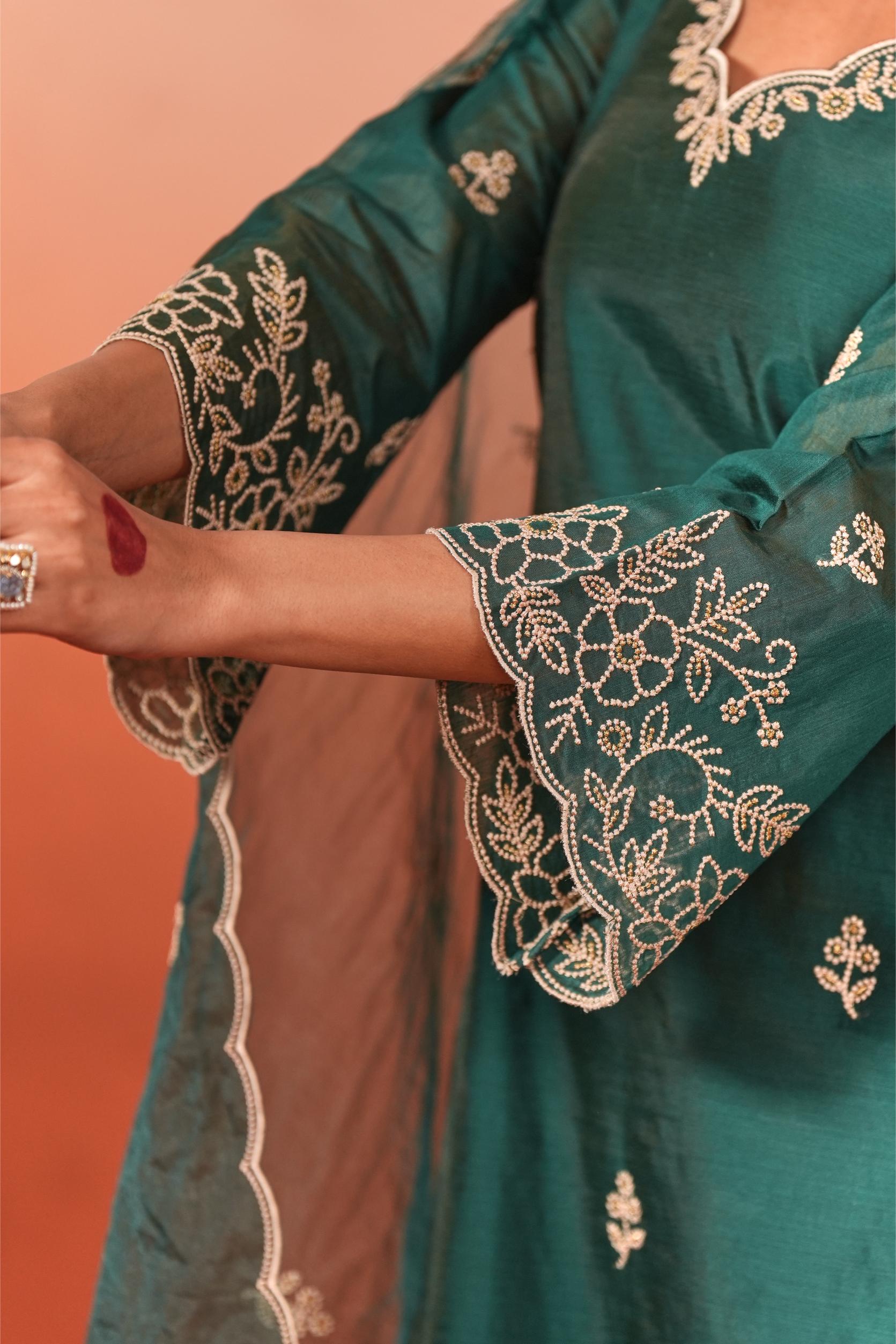 Suroor - Green Chanderi Embroidered Suit Set- NV