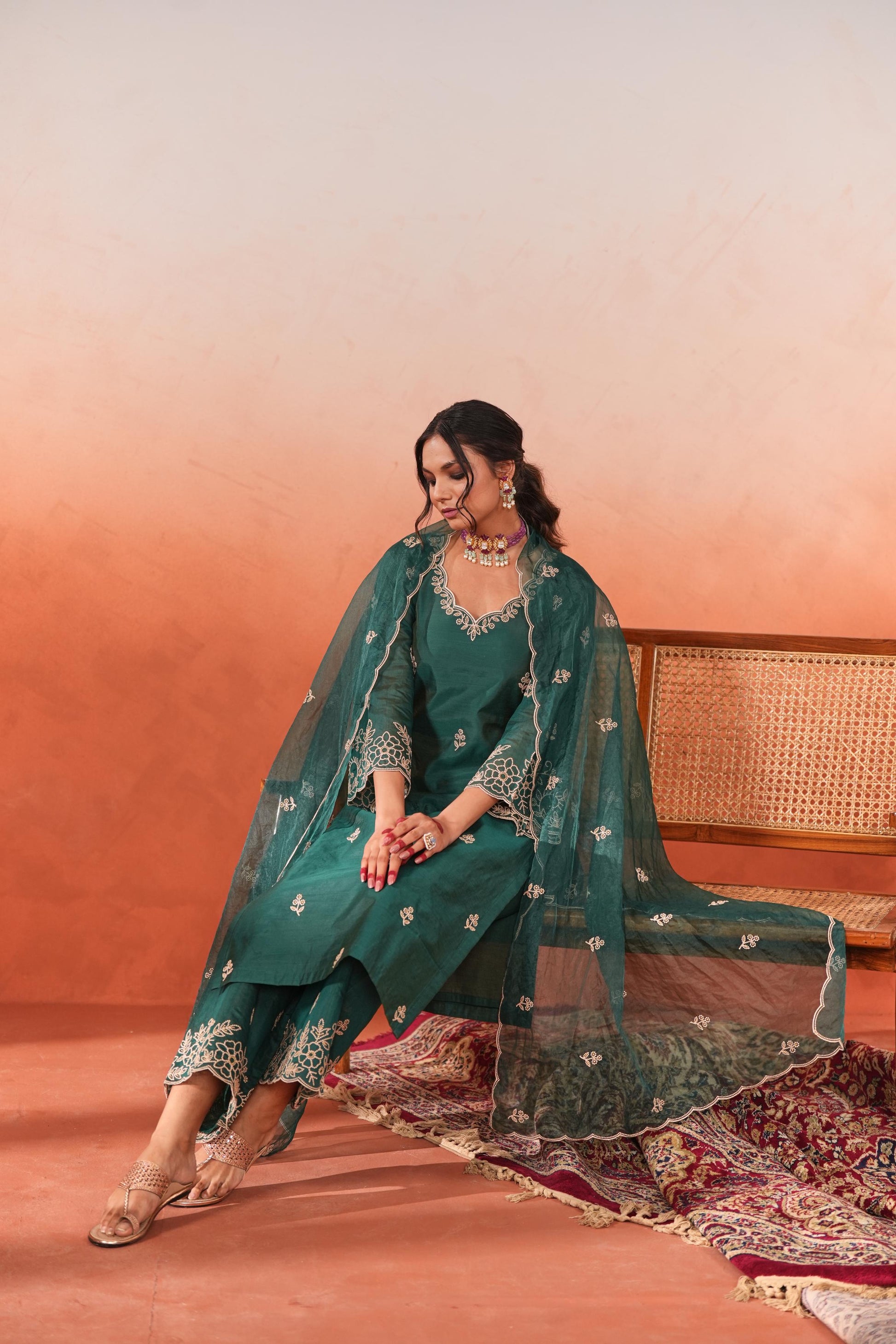 Suroor - Green Chanderi Embroidered Suit Set- NV