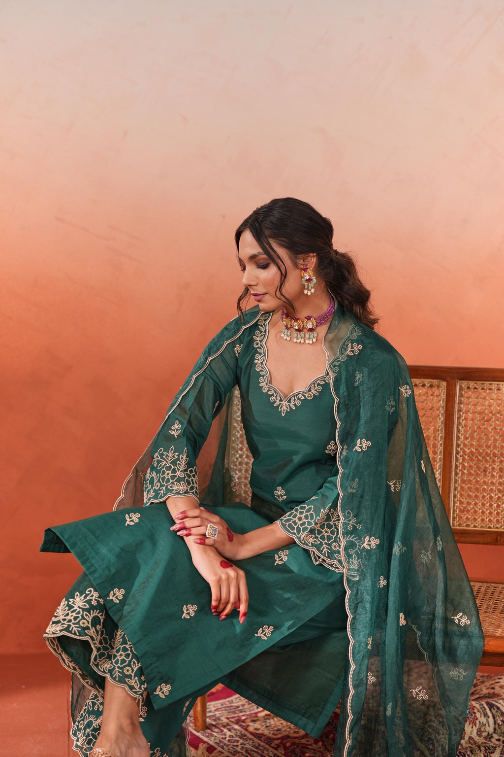 Suroor - Green Chanderi Embroidered Suit Set- NV