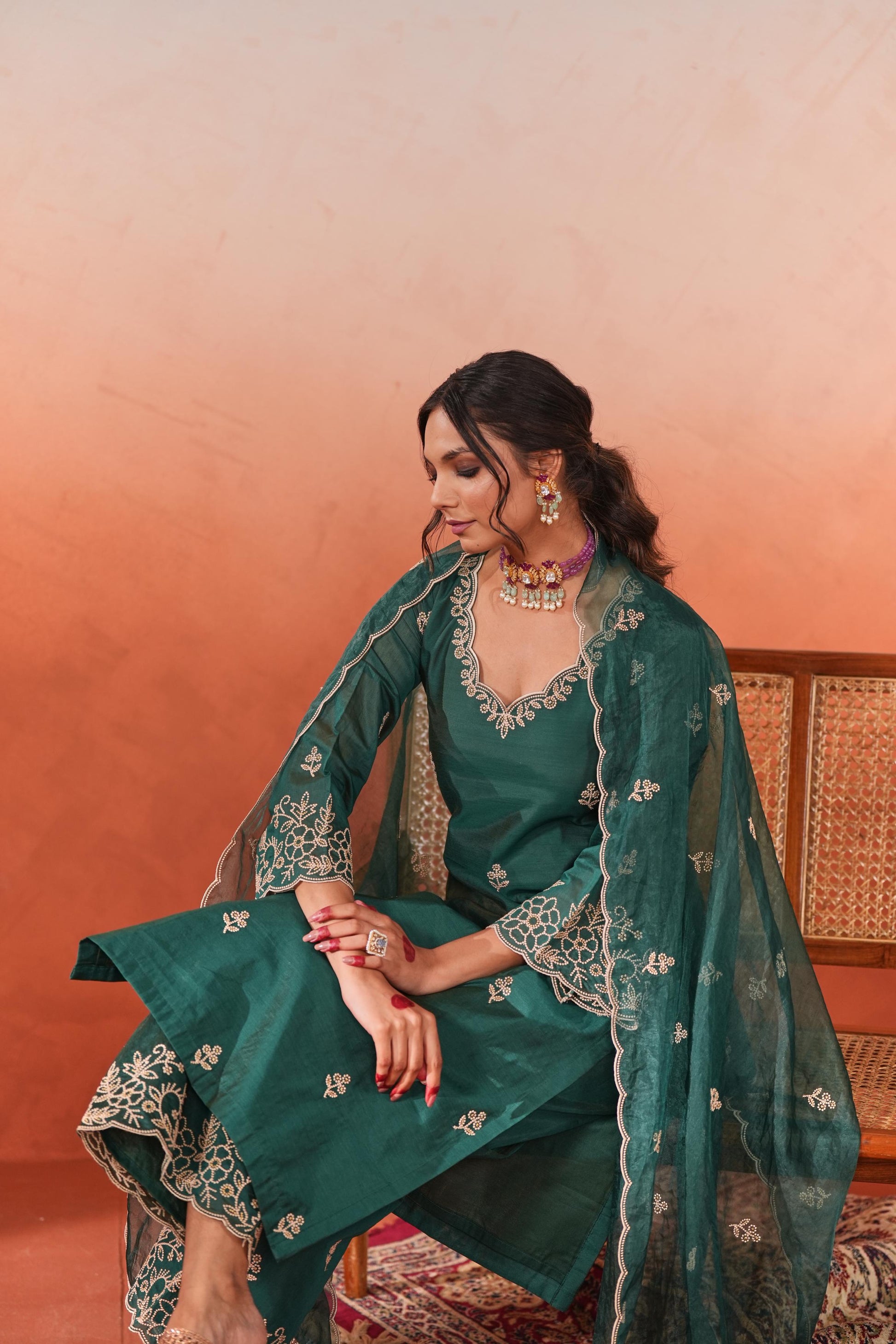 Suroor - Green Chanderi Embroidered Suit Set- NV