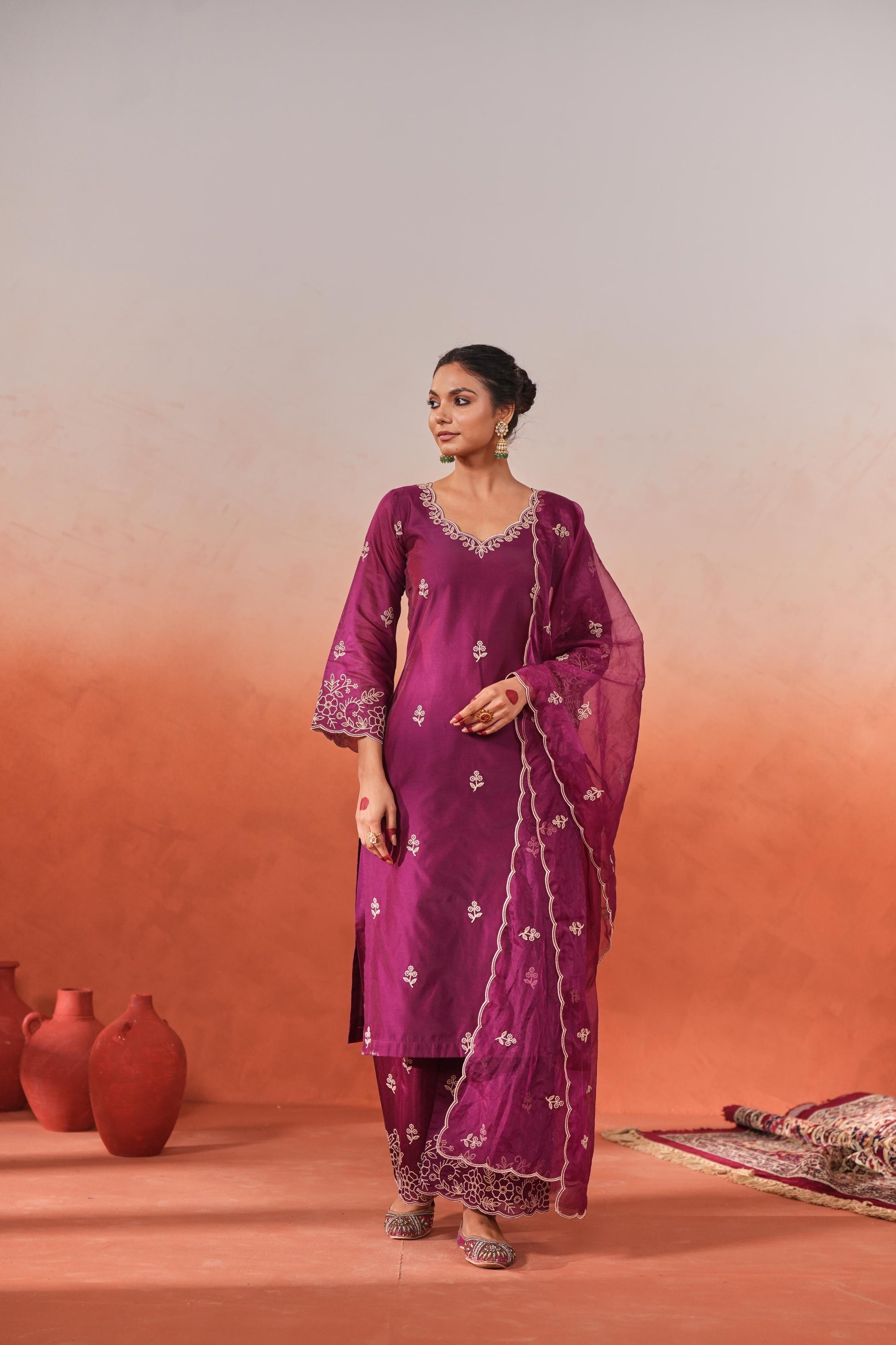 Khila - Wine Chanderi Embroidered Suit Set- NV