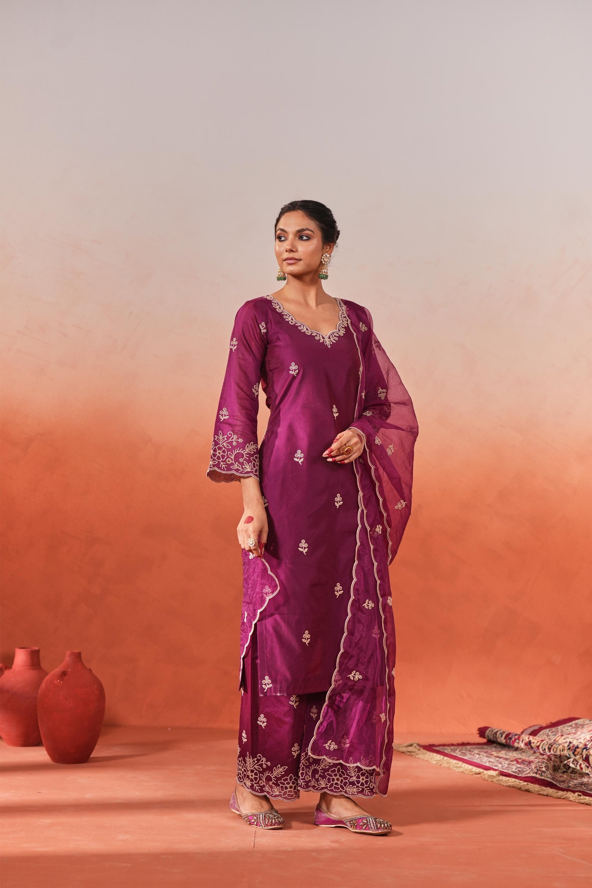 Khila - Wine Chanderi Embroidered Suit Set- NV