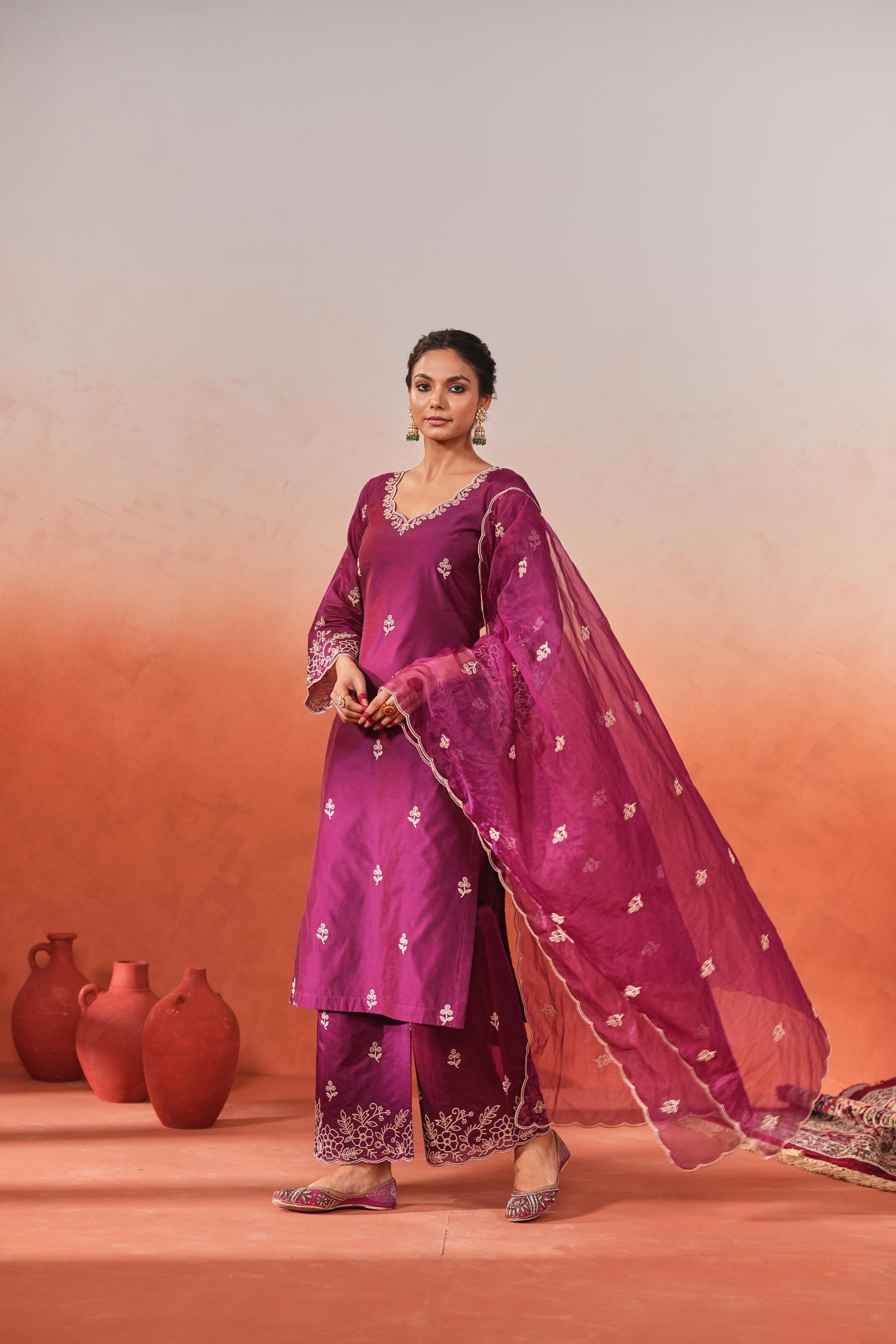 Khila - Wine Chanderi Embroidered Suit Set- NV