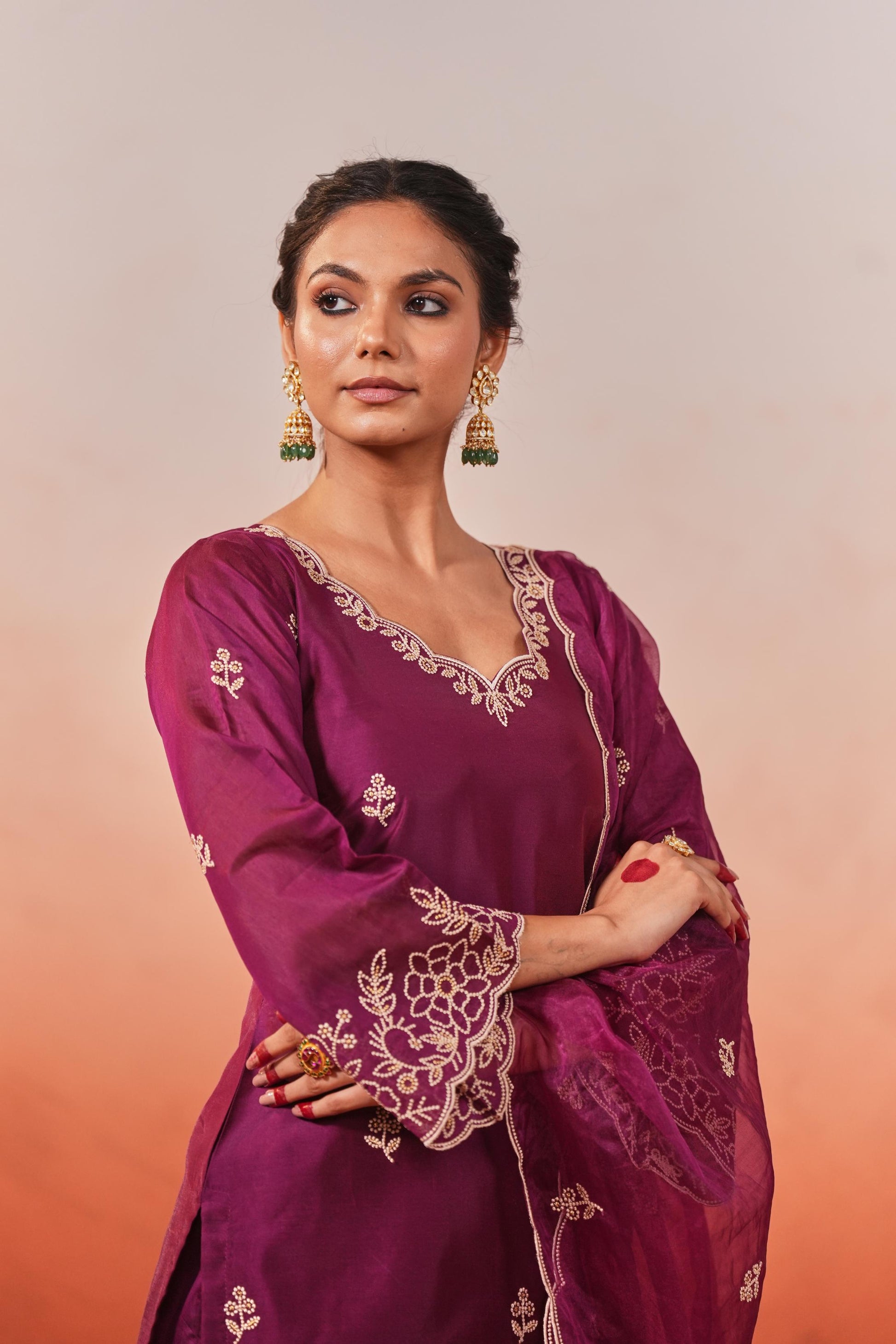 Khila - Wine Chanderi Embroidered Suit Set- NV