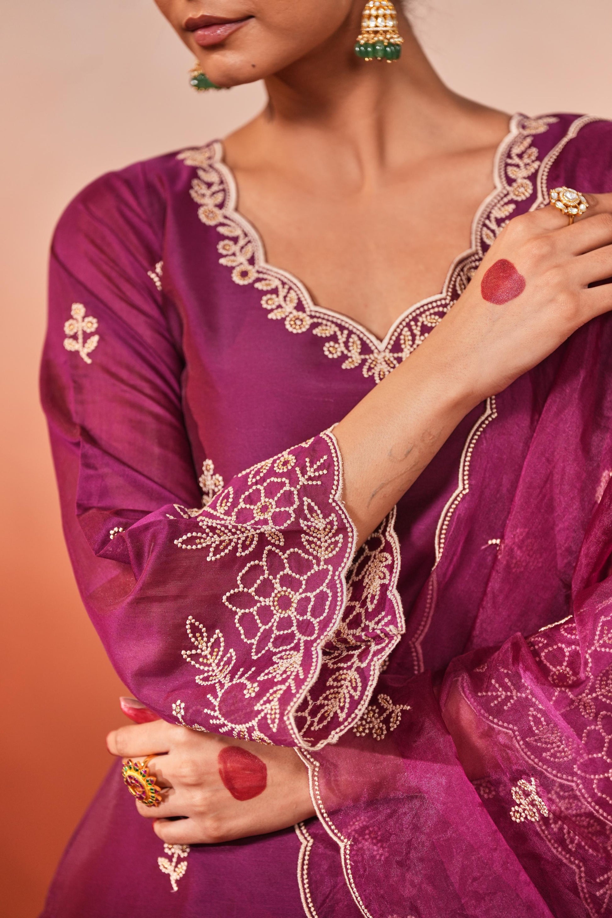 Khila - Wine Chanderi Embroidered Suit Set- NV