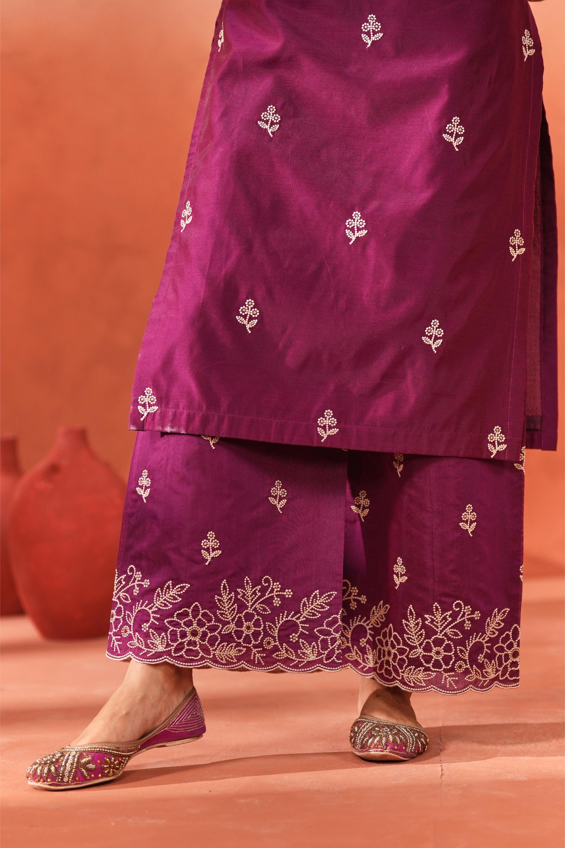 Khila - Wine Chanderi Embroidered Suit Set- NV