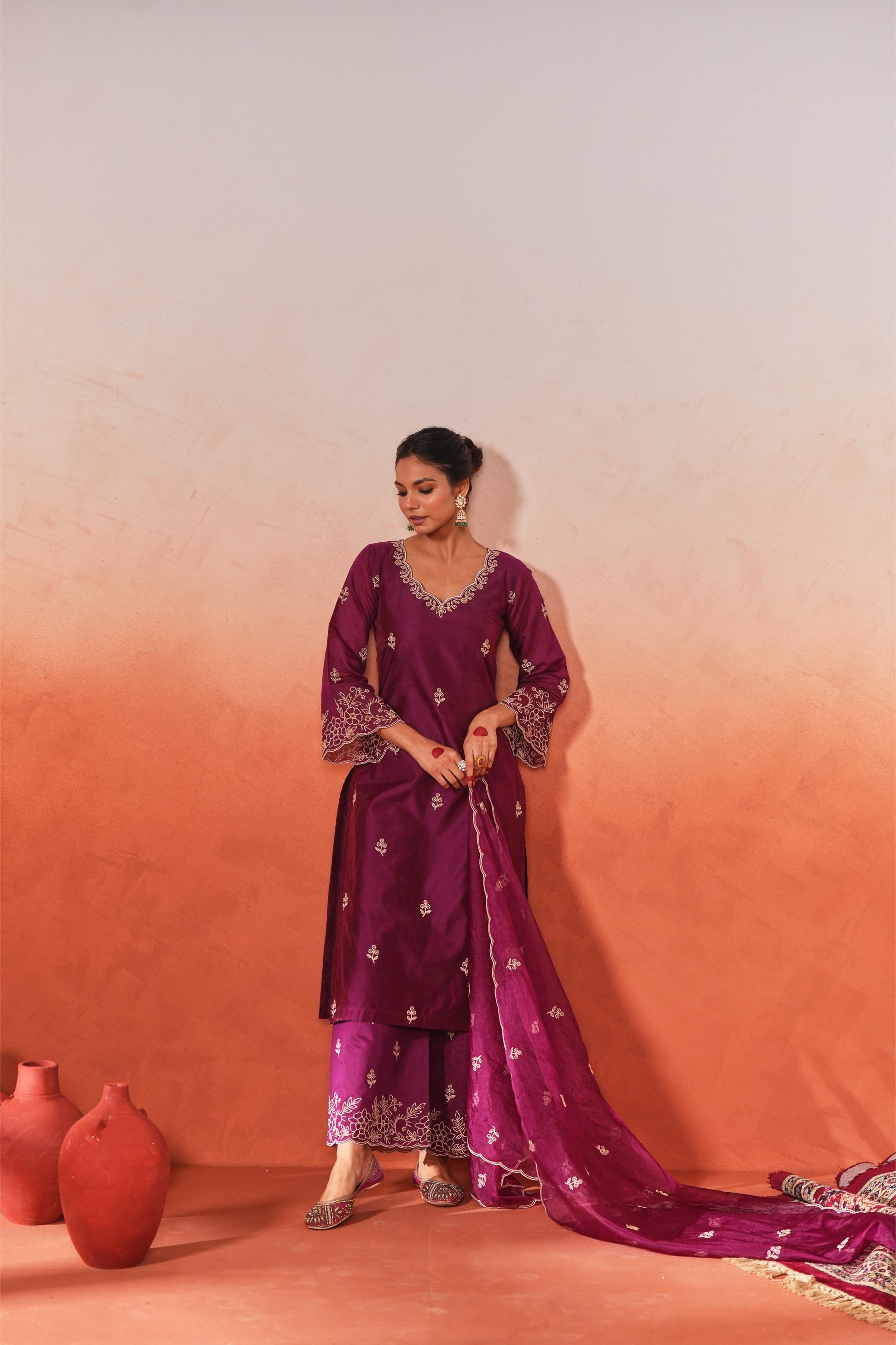 Khila - Wine Chanderi Embroidered Suit Set- NV