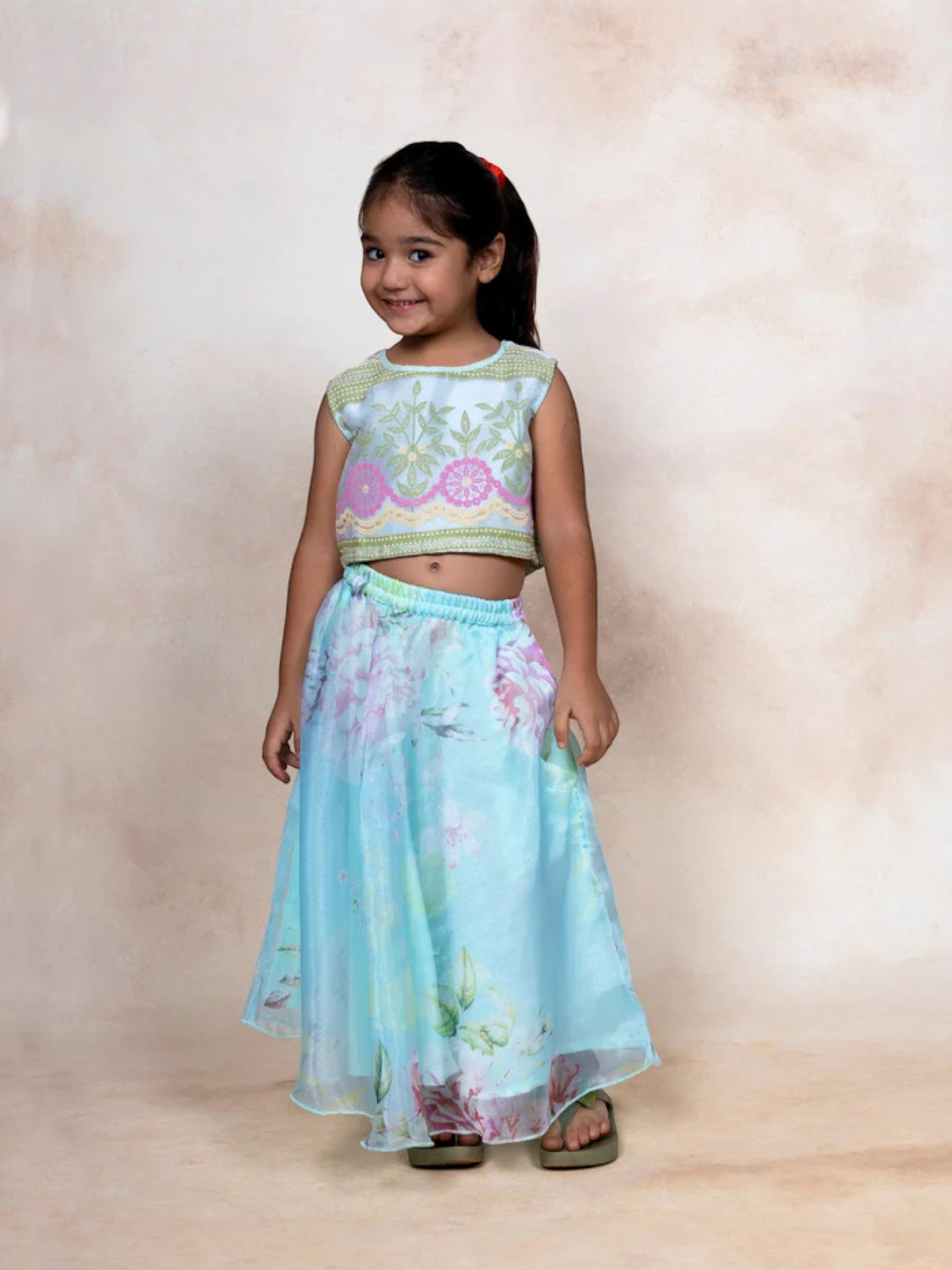 Blue and Pink Organza Girls Top & Skirts Set