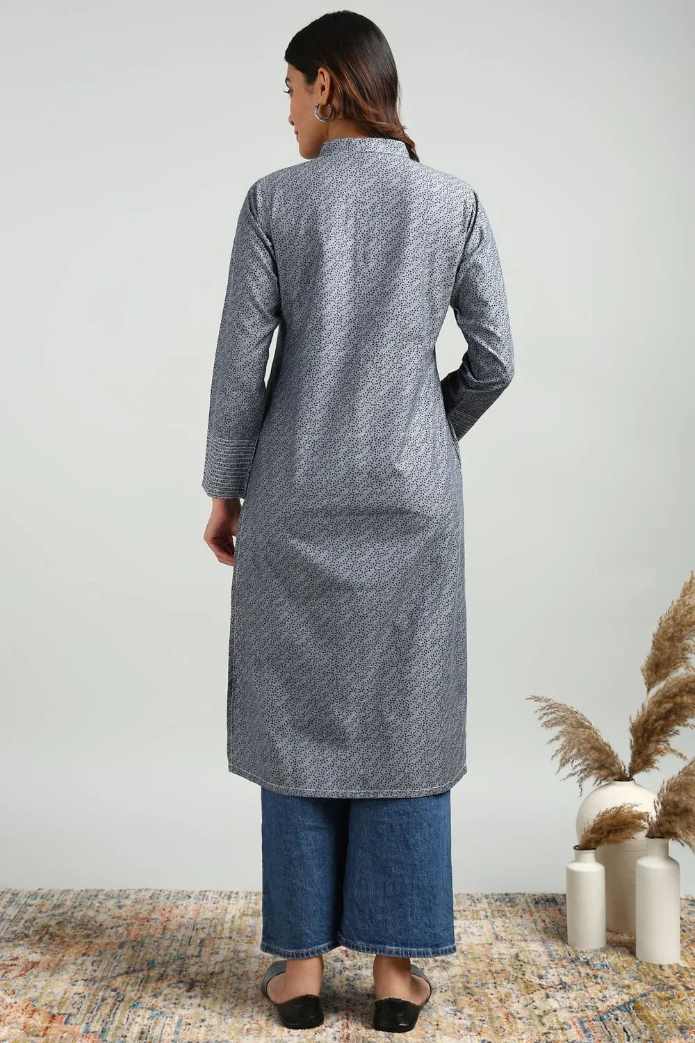 Grey Denim Printed Kurta