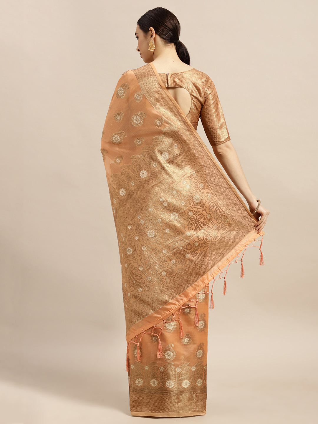 Silk Blend Peach WovenDesign Wovensaree With Blouse Piece