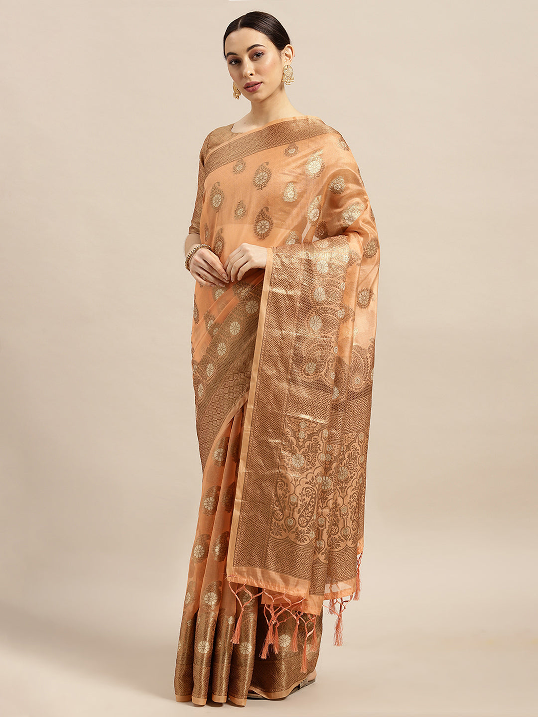 Silk Blend Peach WovenDesign Wovensaree With Blouse Piece