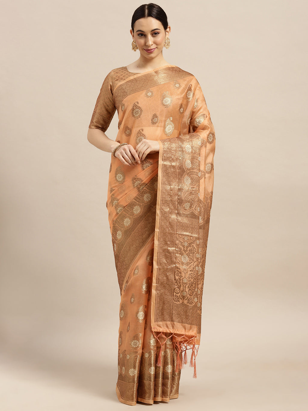 Silk Blend Peach WovenDesign Wovensaree With Blouse Piece