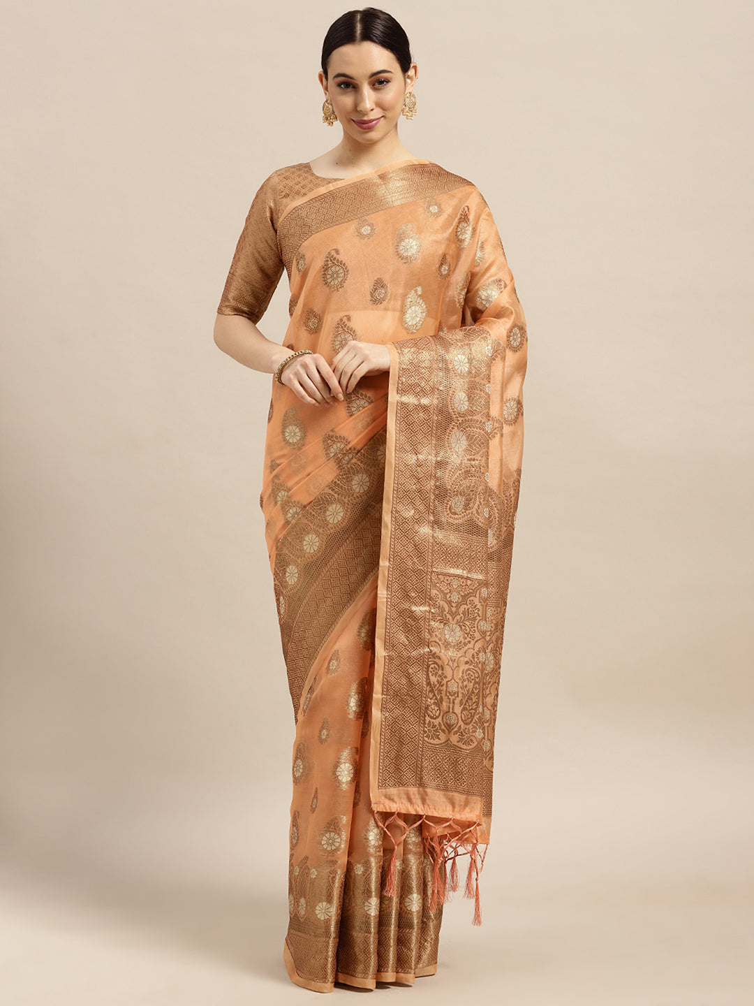 Silk Blend Peach WovenDesign Wovensaree With Blouse Piece